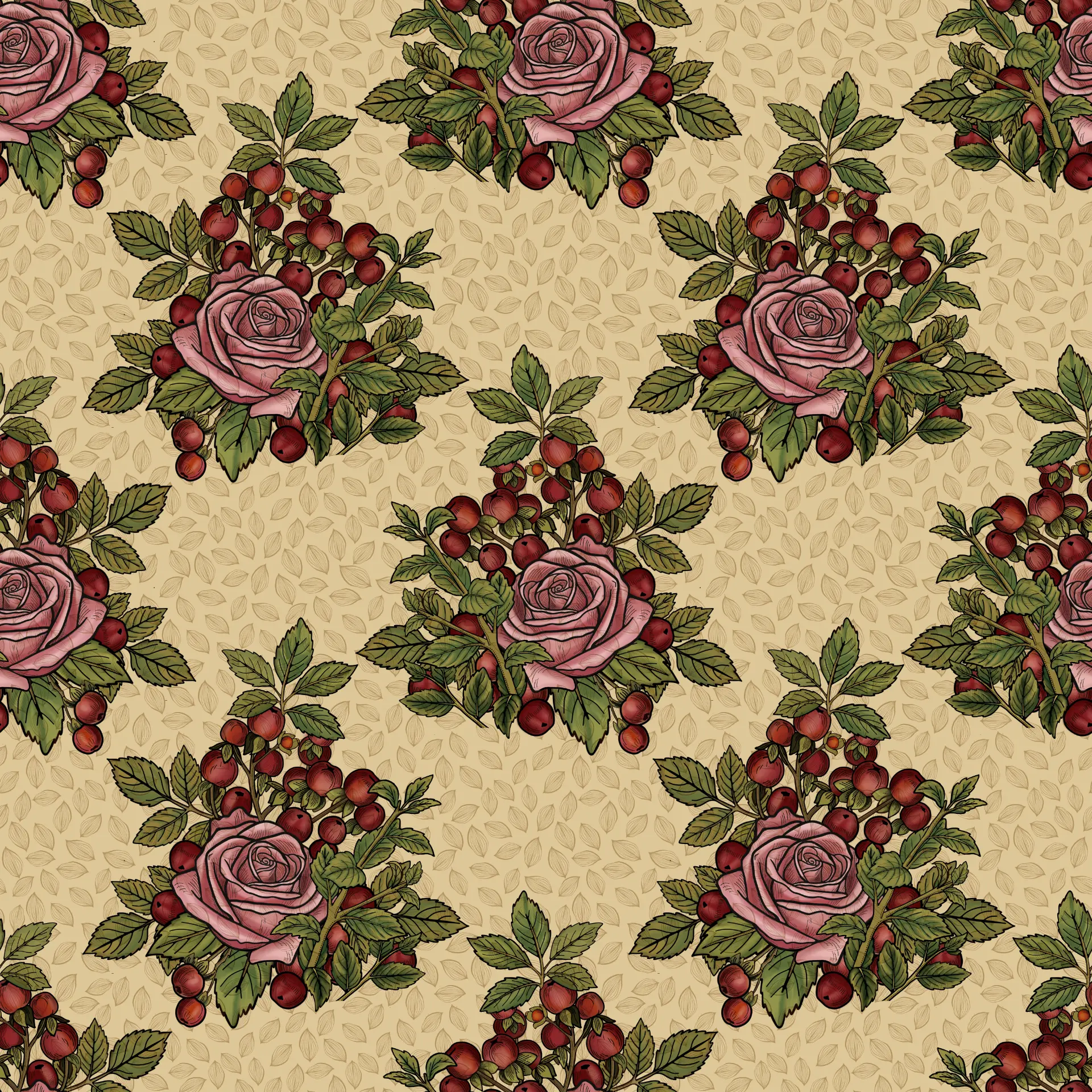 Rose and rosehip bouquet repeat in dusty pink and green on a tonal leaf-textured cream ground
