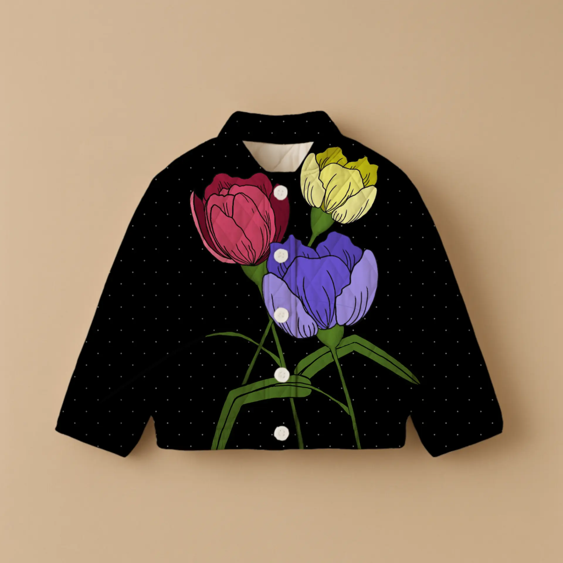 Quilted jacket mockup in the black dotted tulip placement print