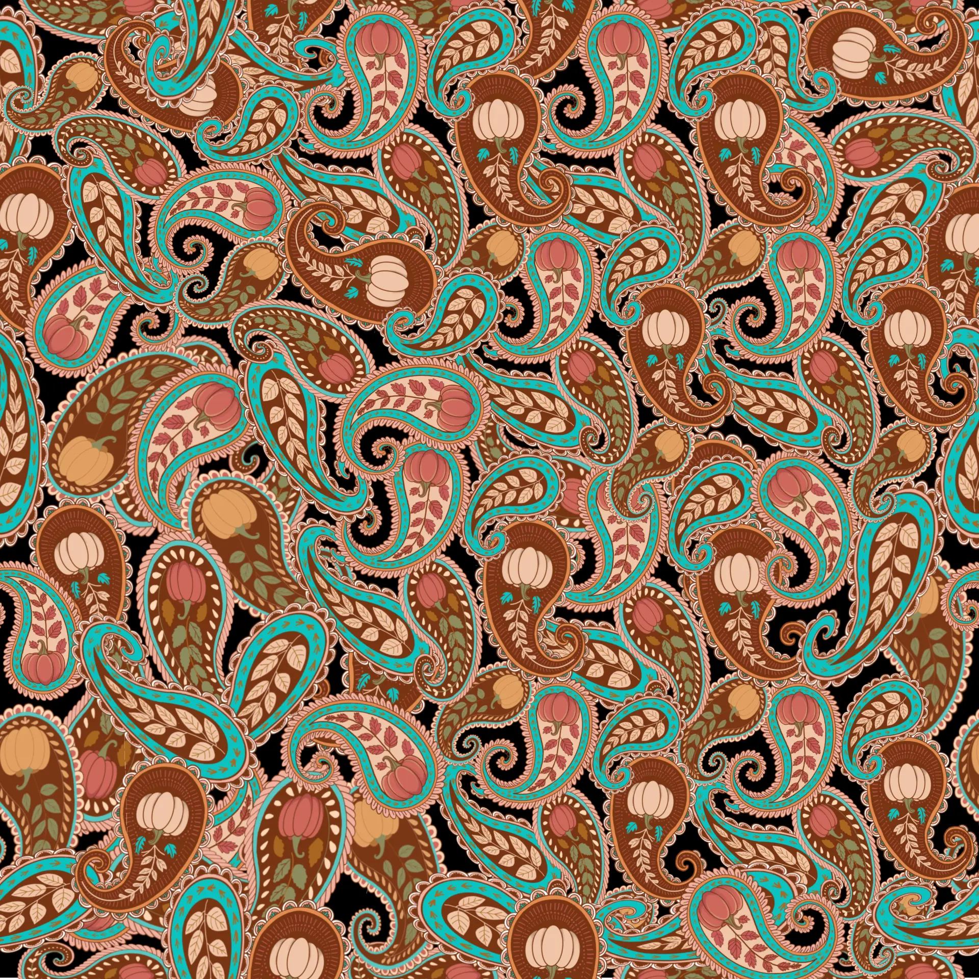 Autumn paisley repeat with pumpkins and leaves in turquoise, rust, and blush on black