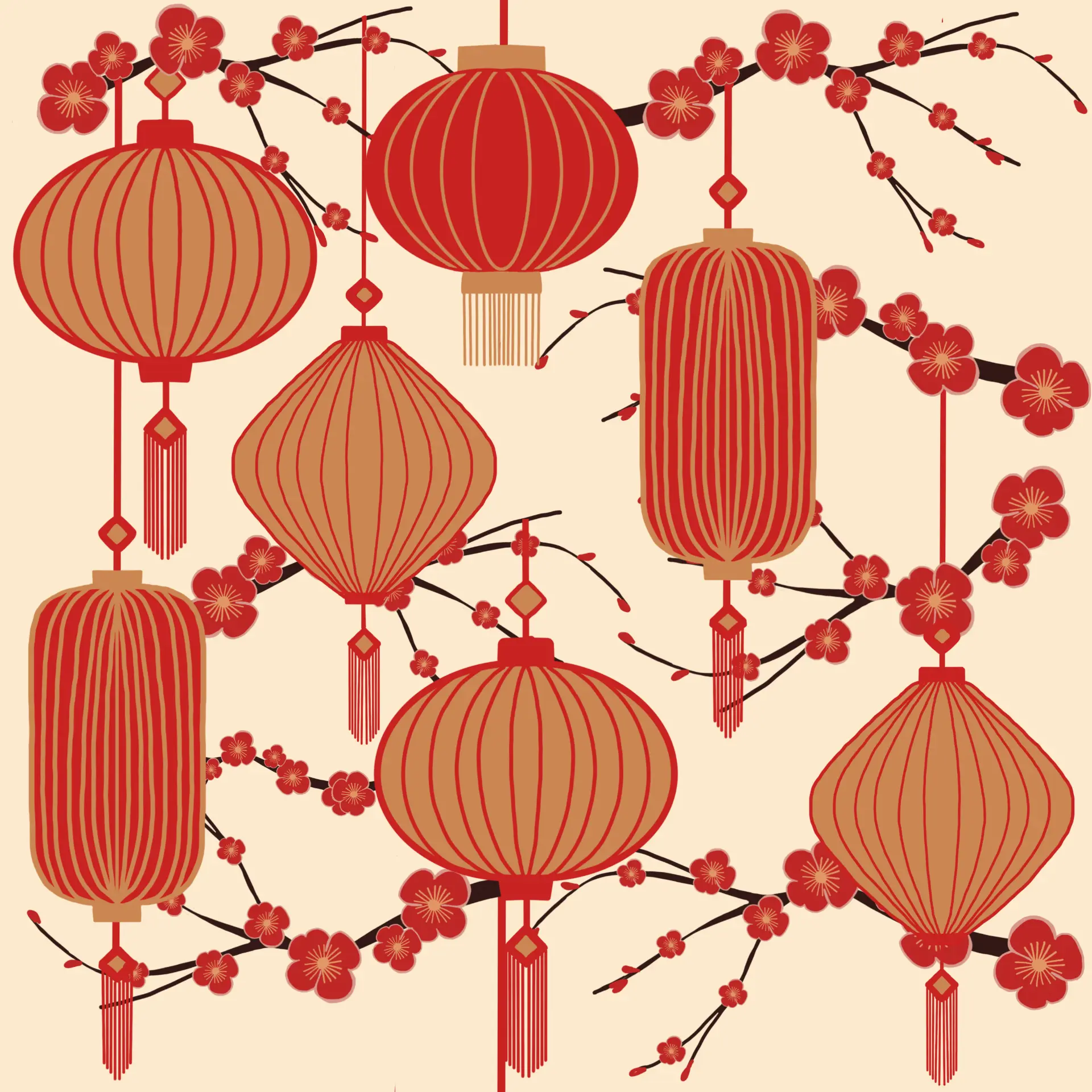 Seamless pattern of glowing red and gold Asian lanterns on a dark ground