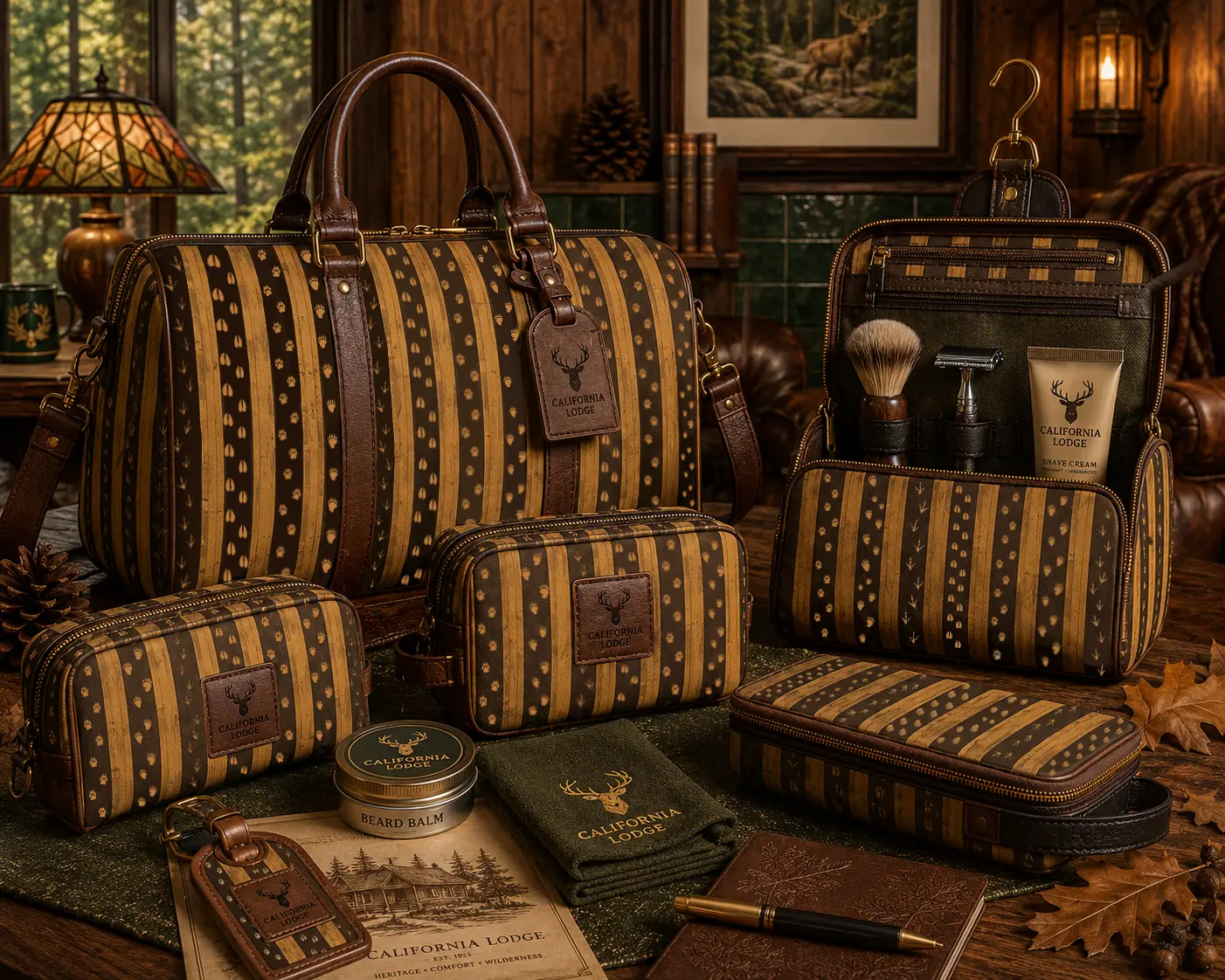 Woodland stripe pattern applied to a men's travel bag set in a lodge interior