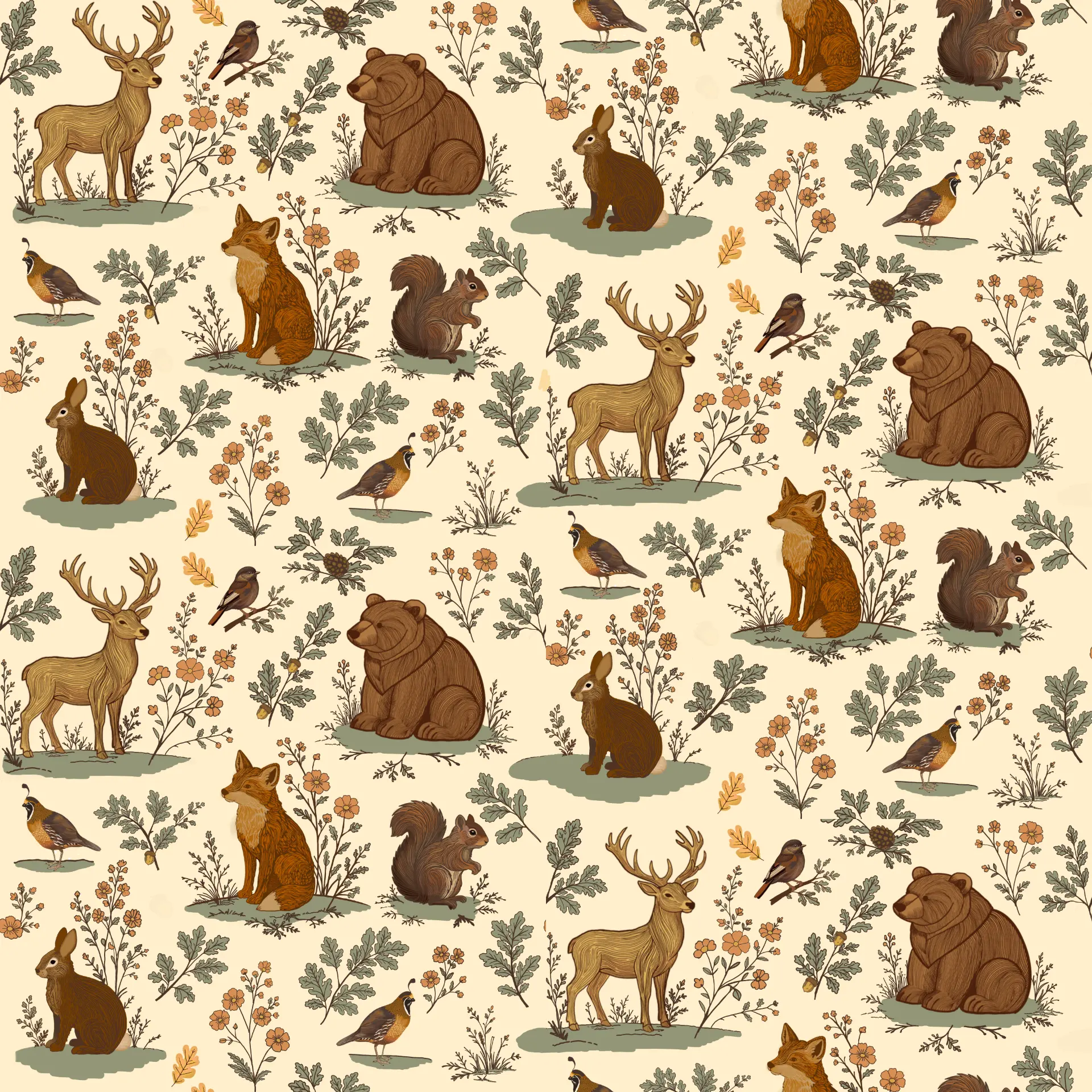 Woodland animal toss pattern with stag, bear, fox, rabbit, quail, and squirrel among sage oak leaves on a beige ground