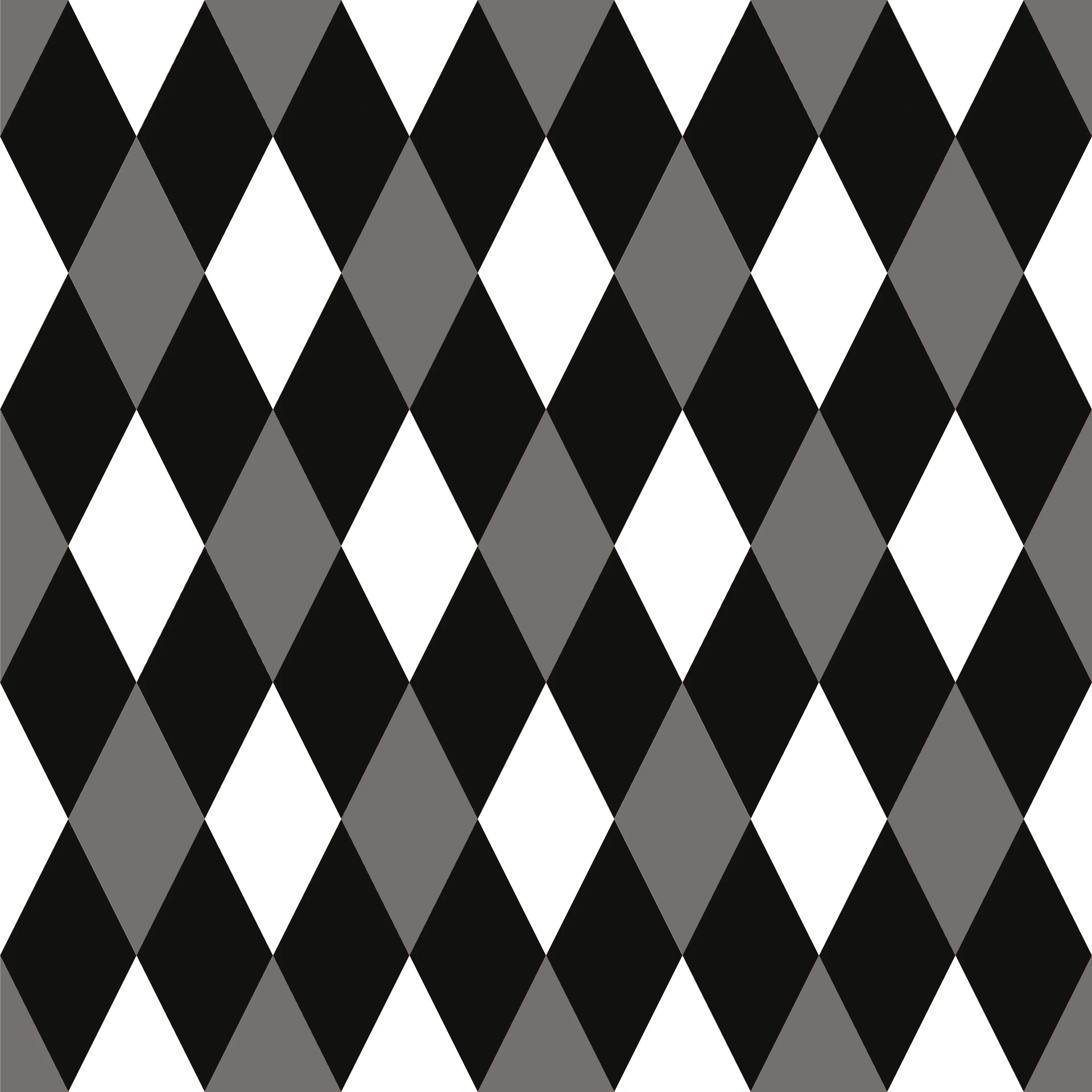Harlequin diamond repeat in black, white, and grey
