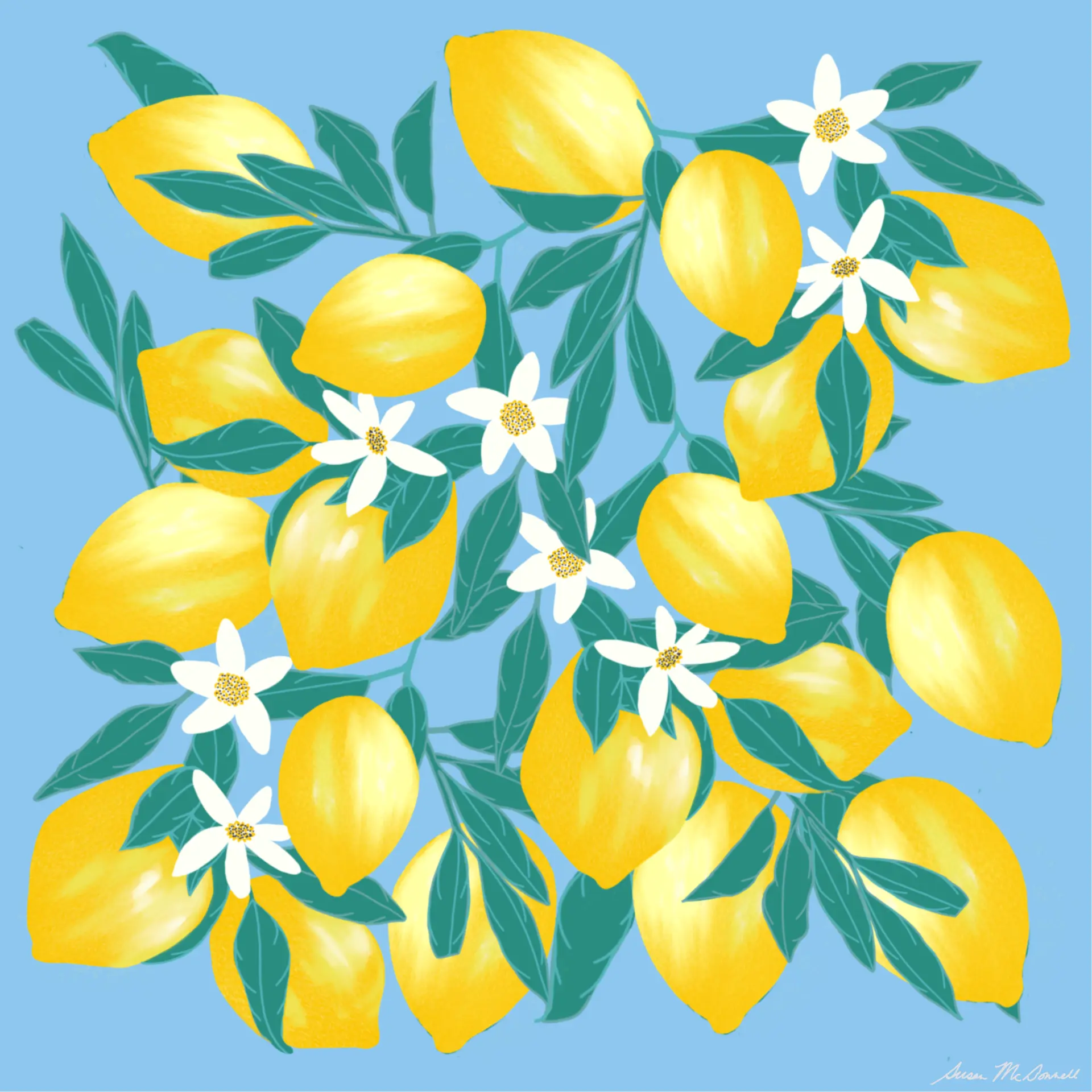Lemon and citrus blossom pattern with teal leaves on a soft blue ground