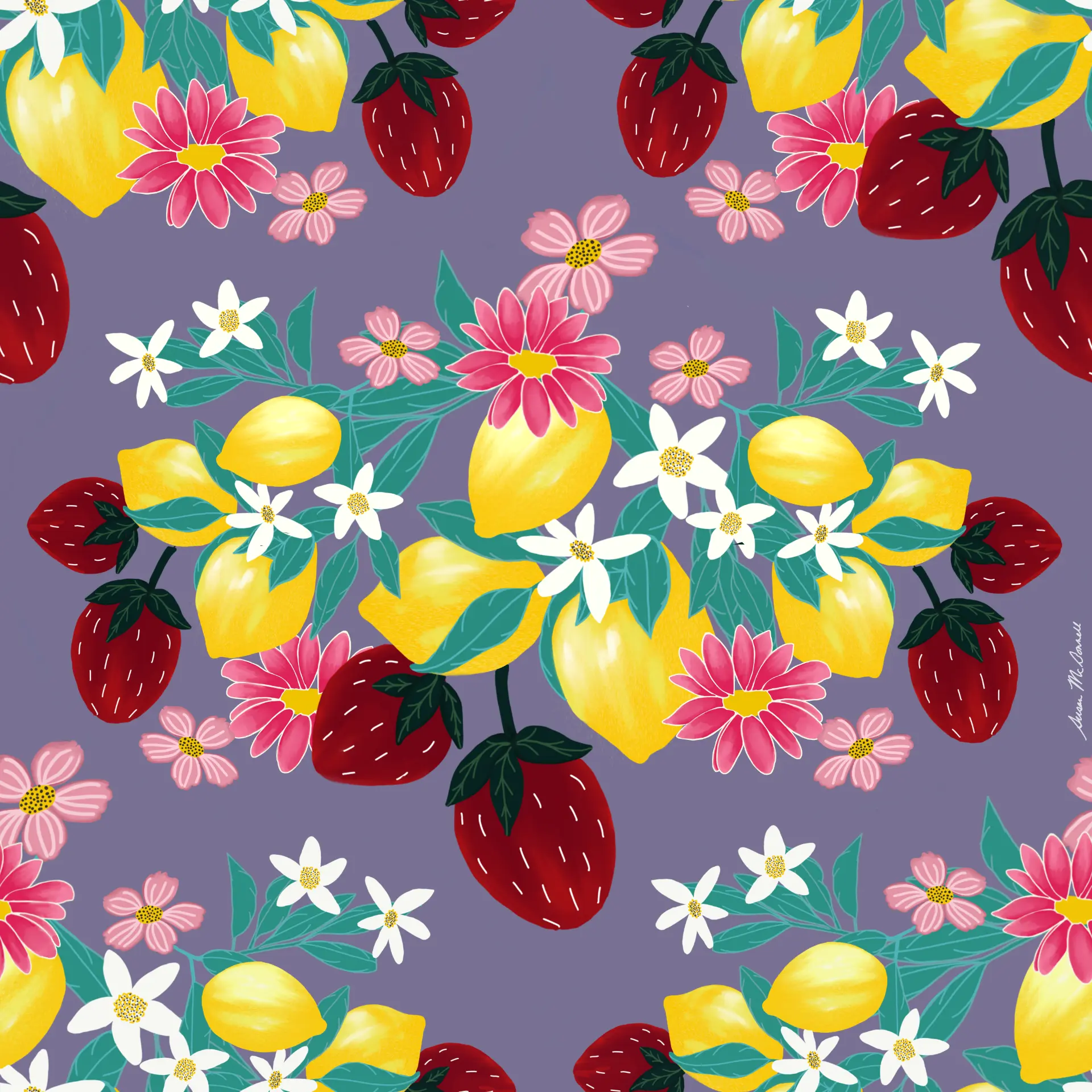 Lemon, strawberry, and daisy repeat on a dusty lavender ground