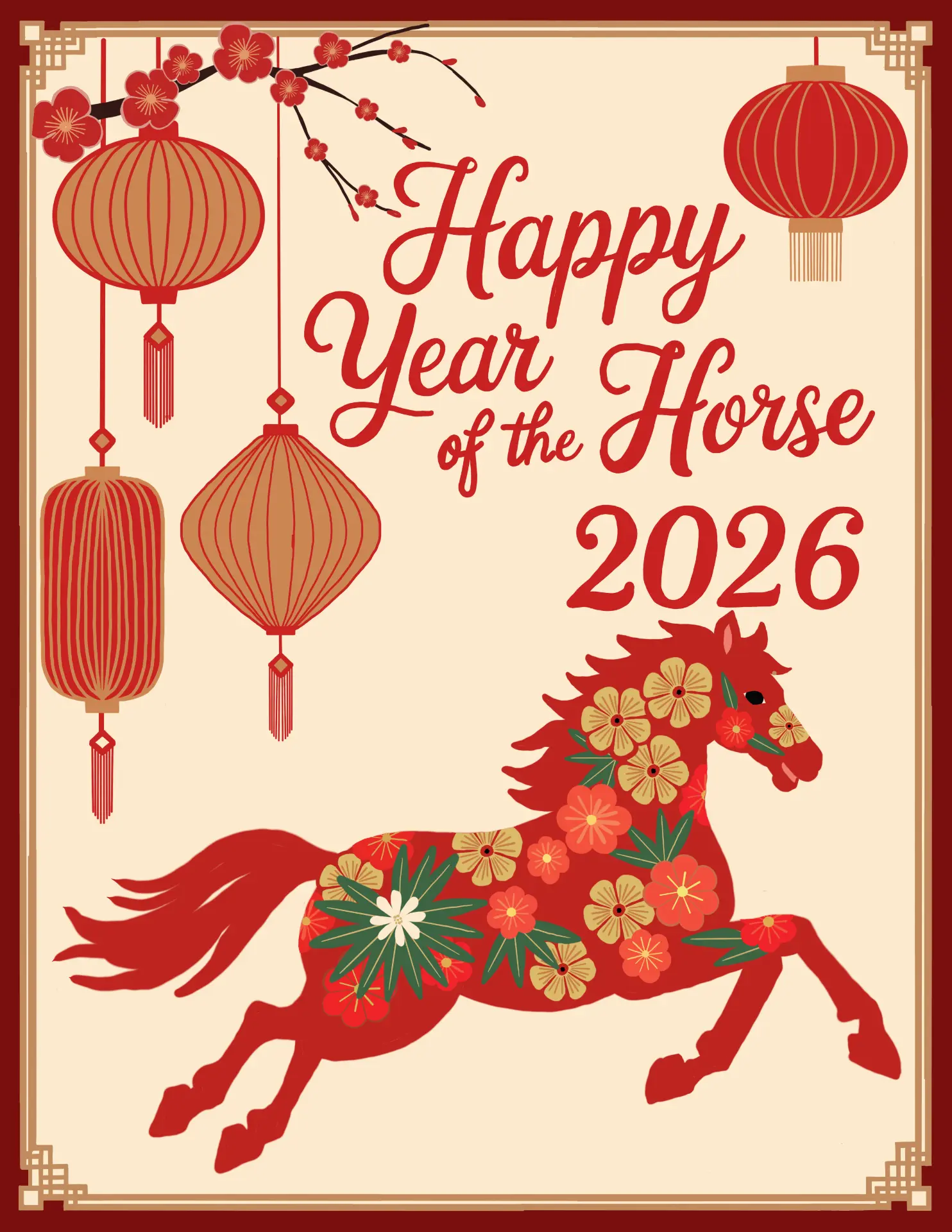 Year of the Horse 2026 greeting card with a red floral horse, hanging lanterns, and plum blossoms