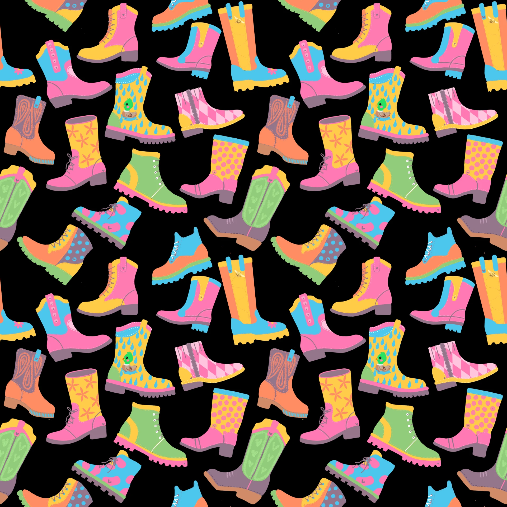 Colourful boots toss repeat pattern