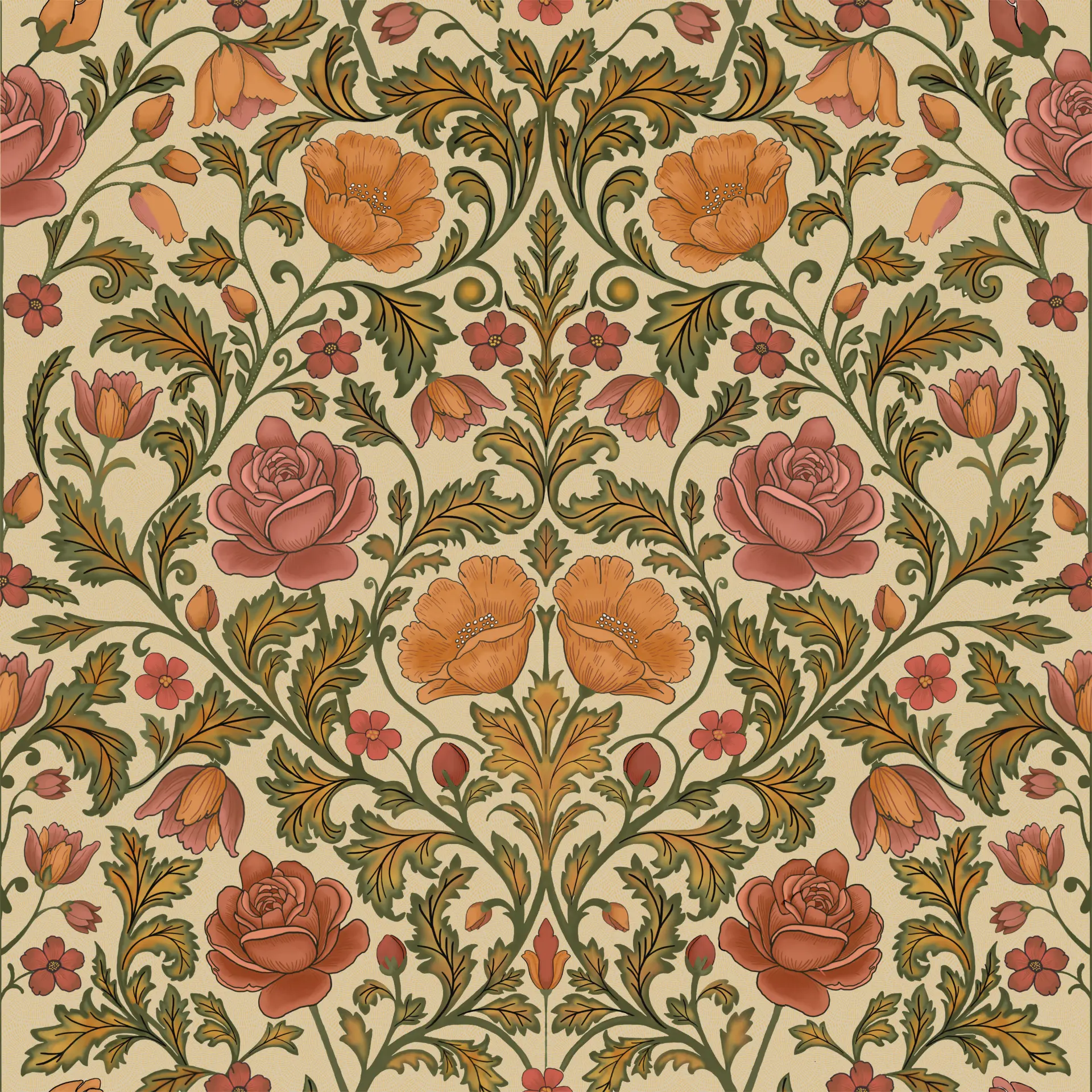 Heirloom Garden damask pattern with roses, poppies, and scrolling foliage on cream