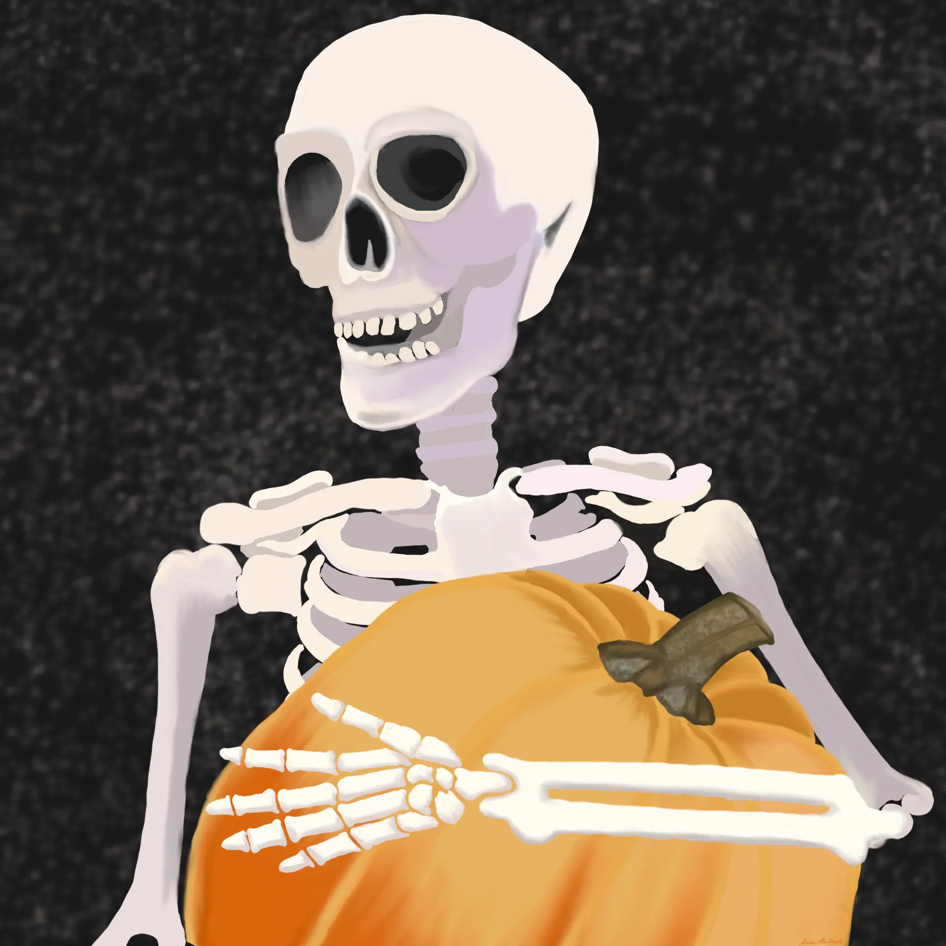Skeleton hugging a large orange pumpkin