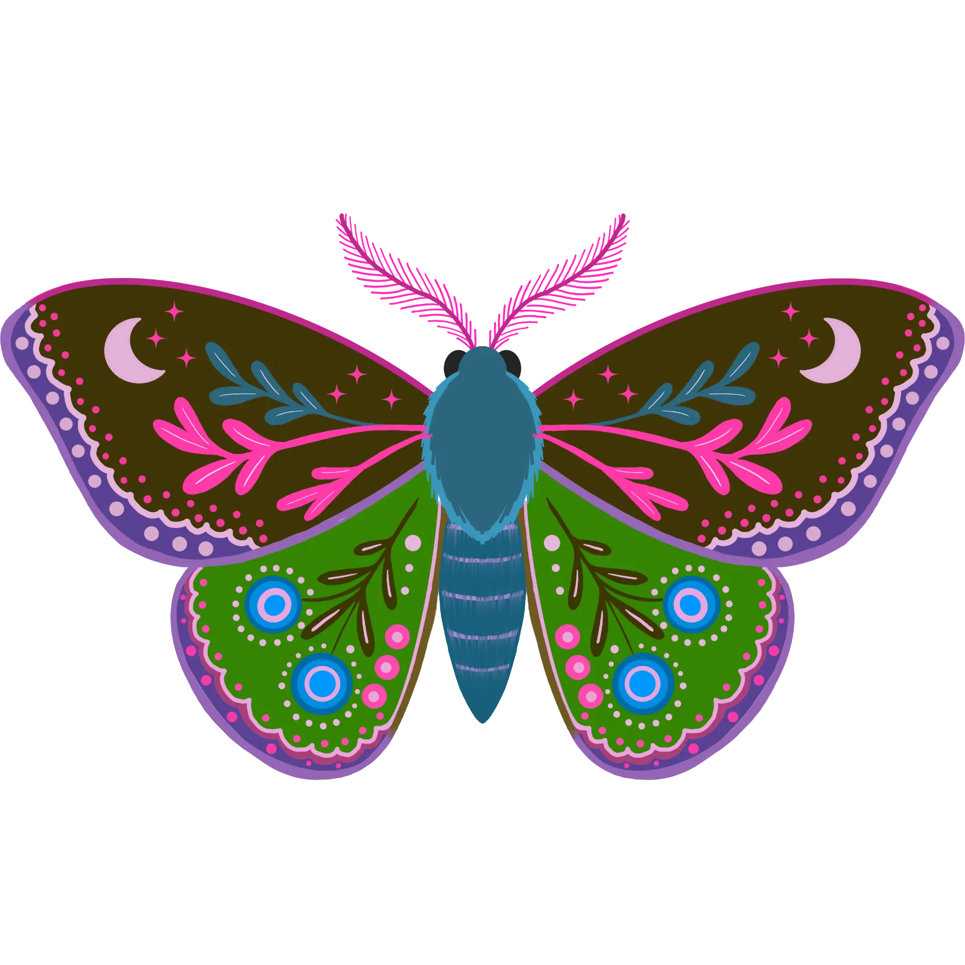 Folk-art moth motif with green and brown wings and pink antennae