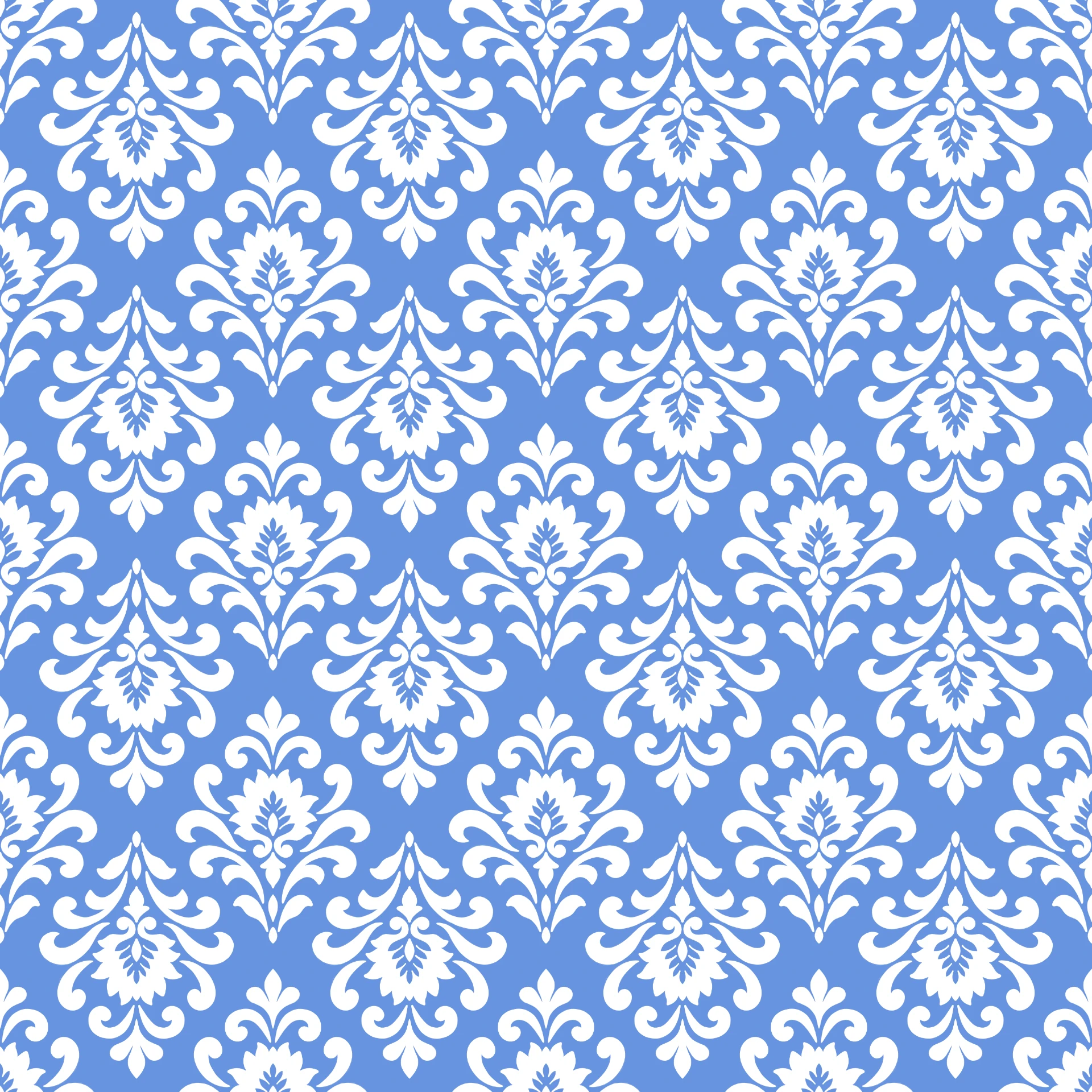 Classic damask repeat in white on a cornflower blue ground