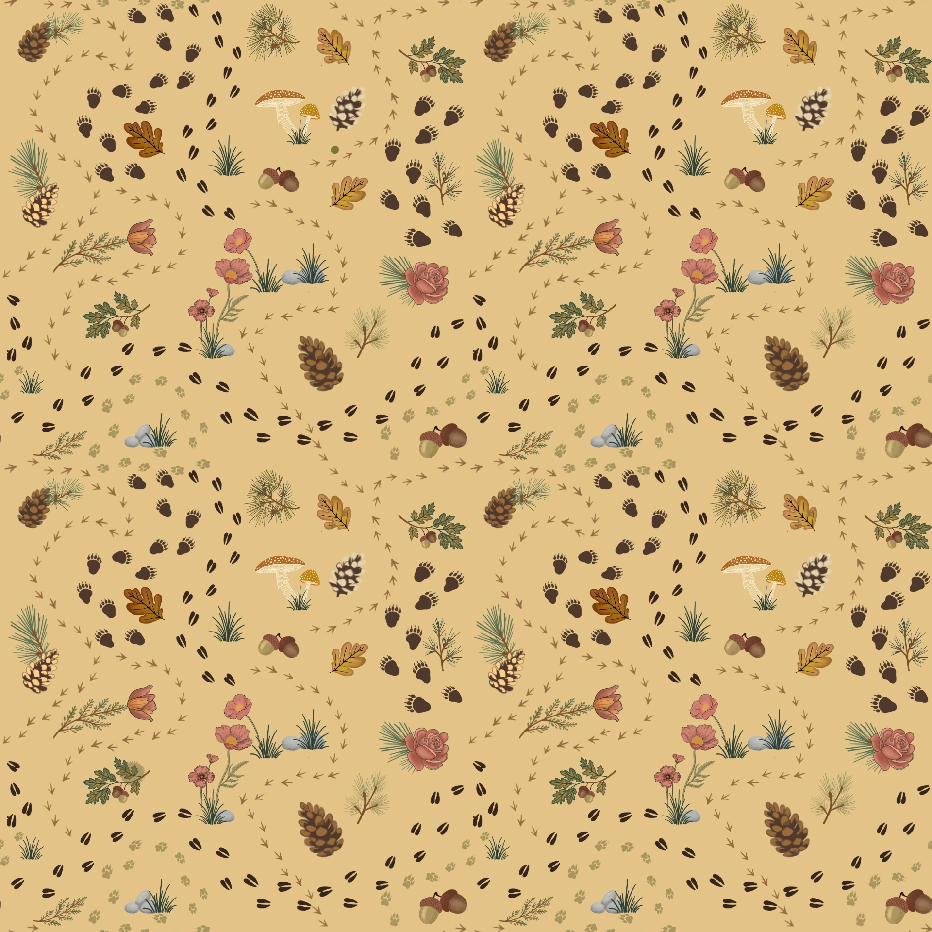 Dense woodland tracks ditsy with pinecones, acorns, mushrooms, and poppies on a golden tan ground