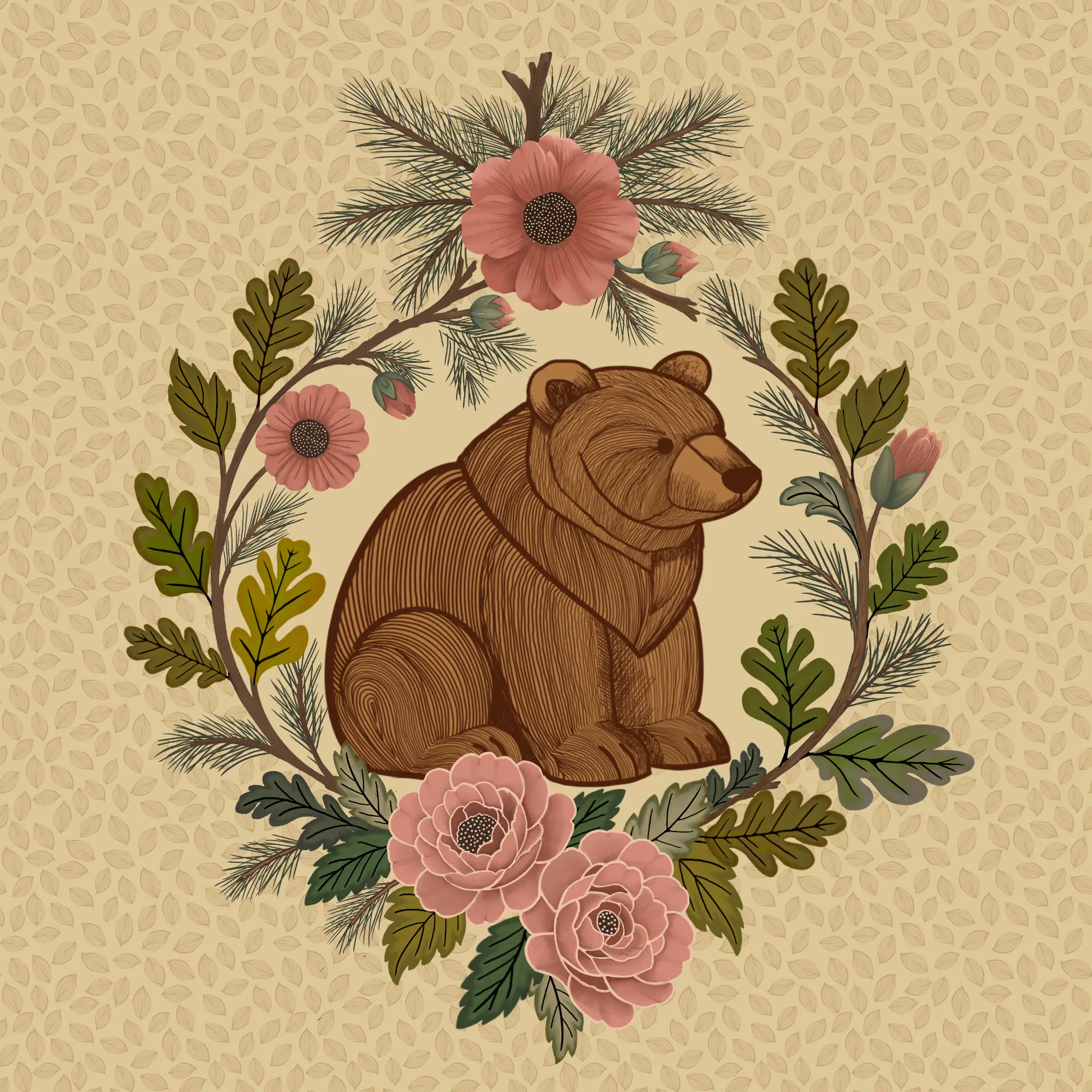 Bear motif framed by a wreath of pine, oak leaves, and blush roses