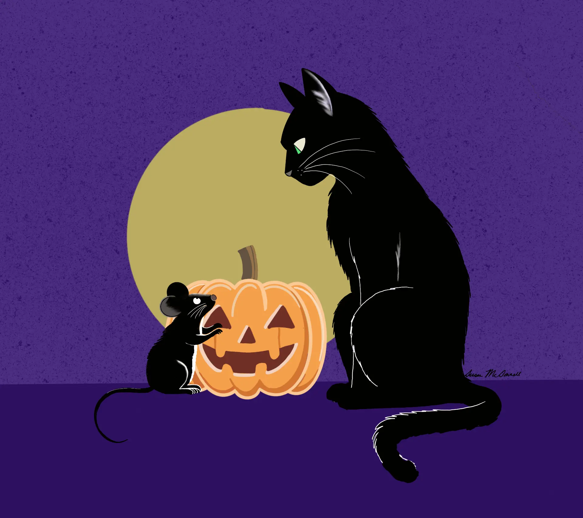 Black cat and mouse meeting beside a glowing jack-o'-lantern under a full moon