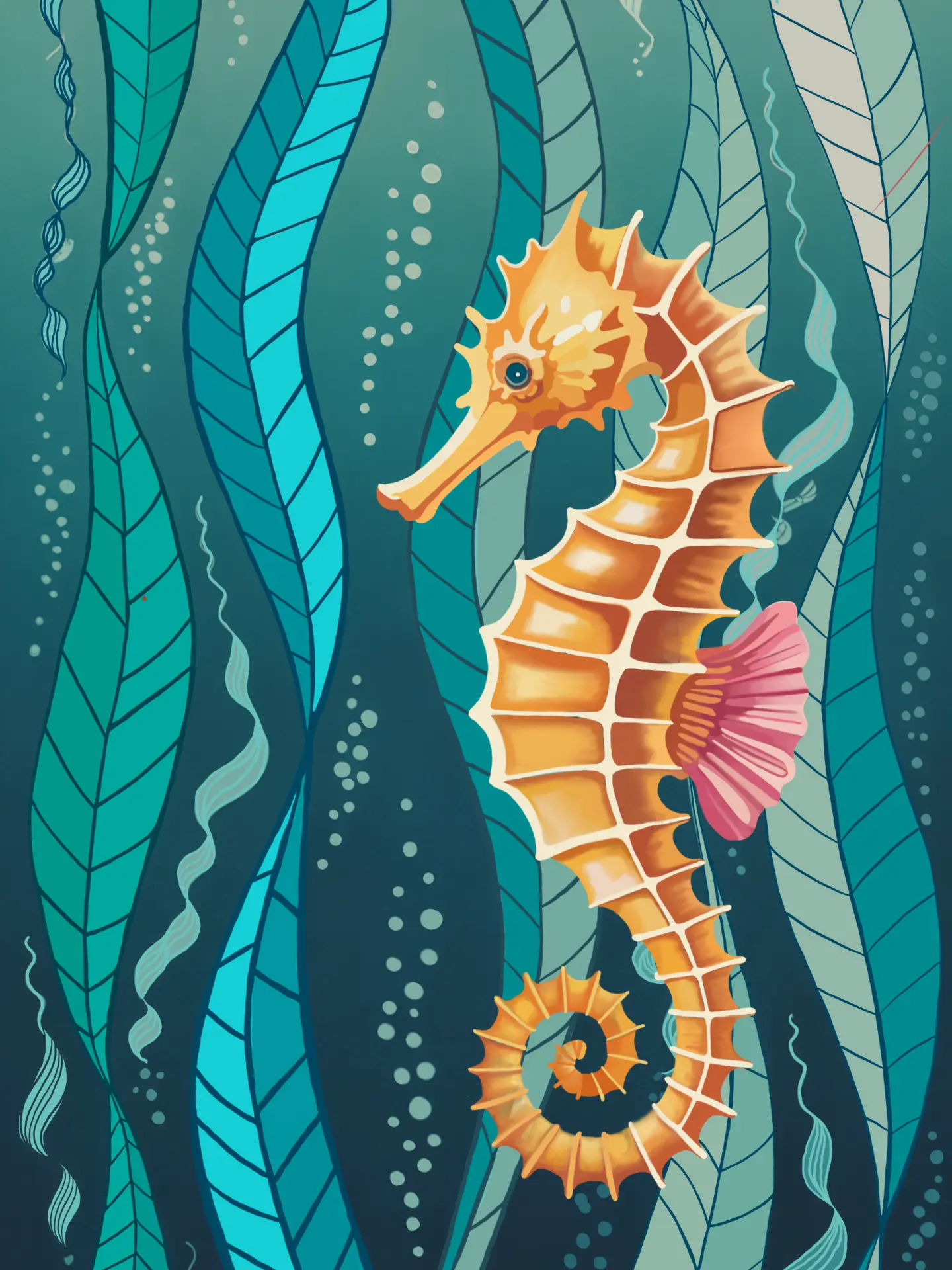 Seahorse among strands of kelp