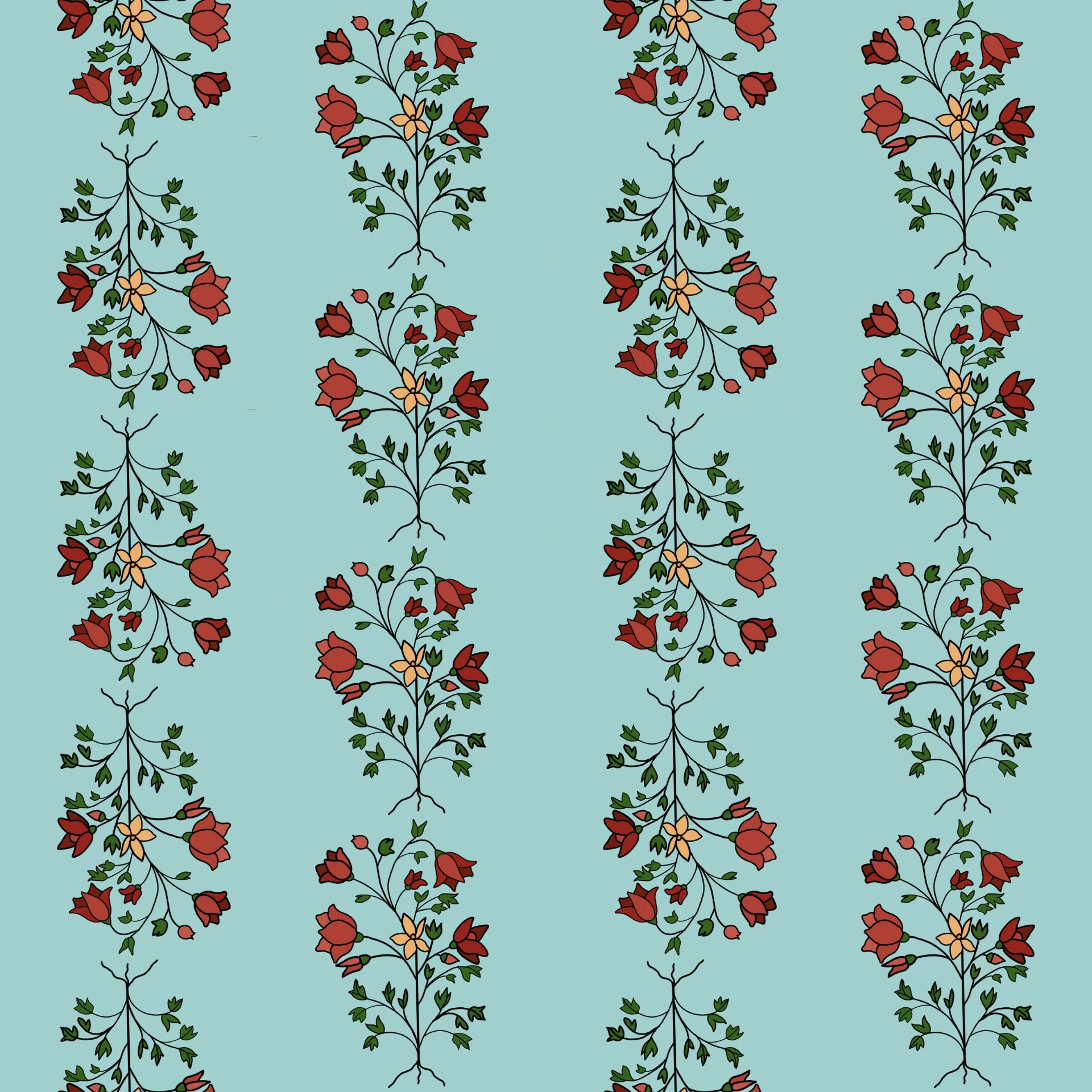 Folk floral stripe repeat with red blooms and green foliage on a soft aqua ground