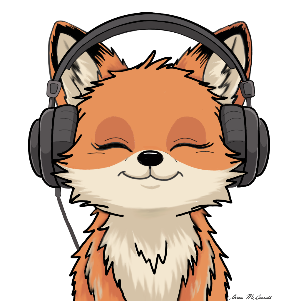 Smiling cartoon fox wearing headphones