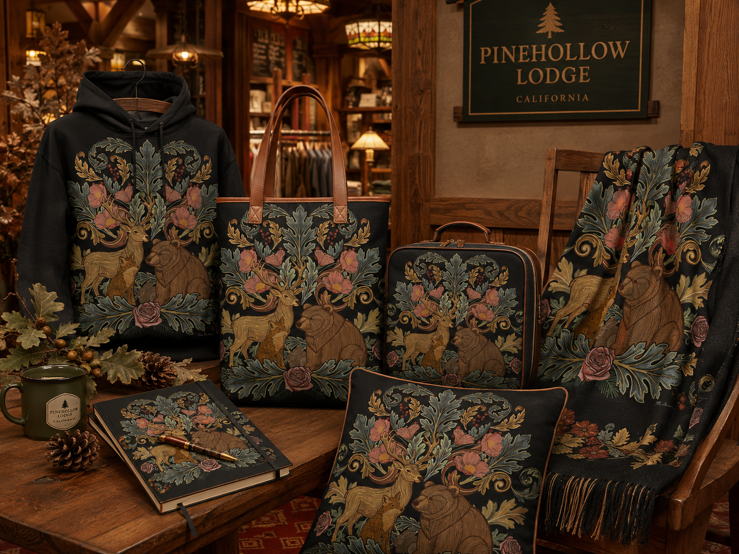 Pine Hollow Lodge centrepiece artwork on a hoodie, tote, suitcase, journal, cushion, and throw in a lodge gift shop