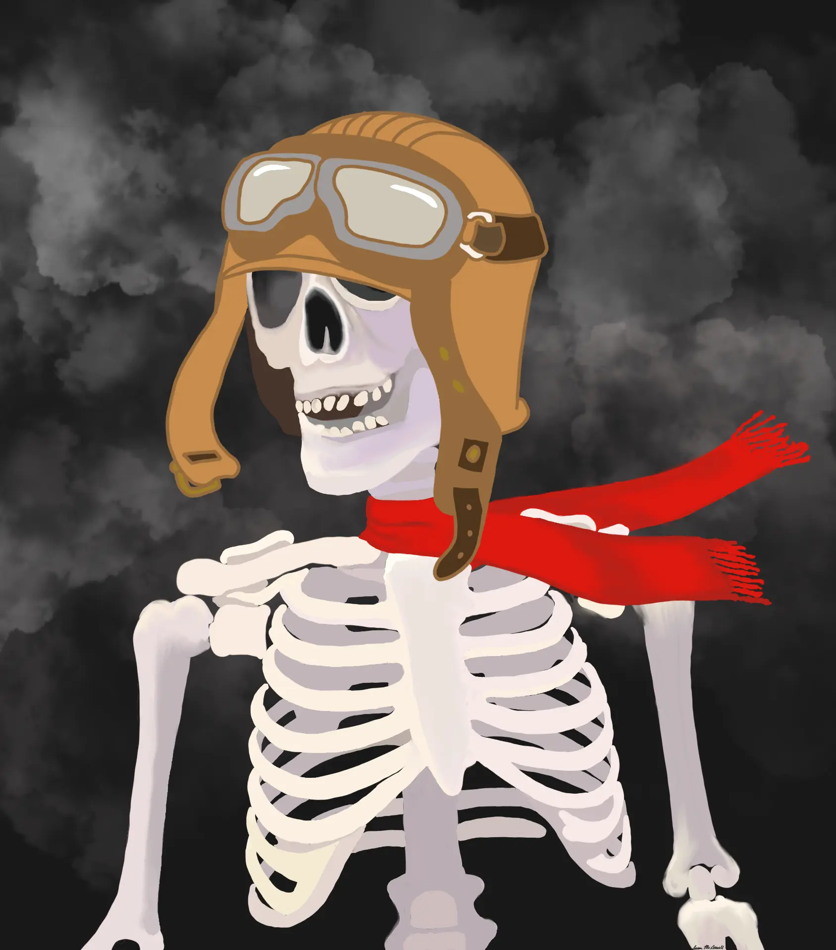Skeleton in an aviator cap and red scarf in smoky clouds