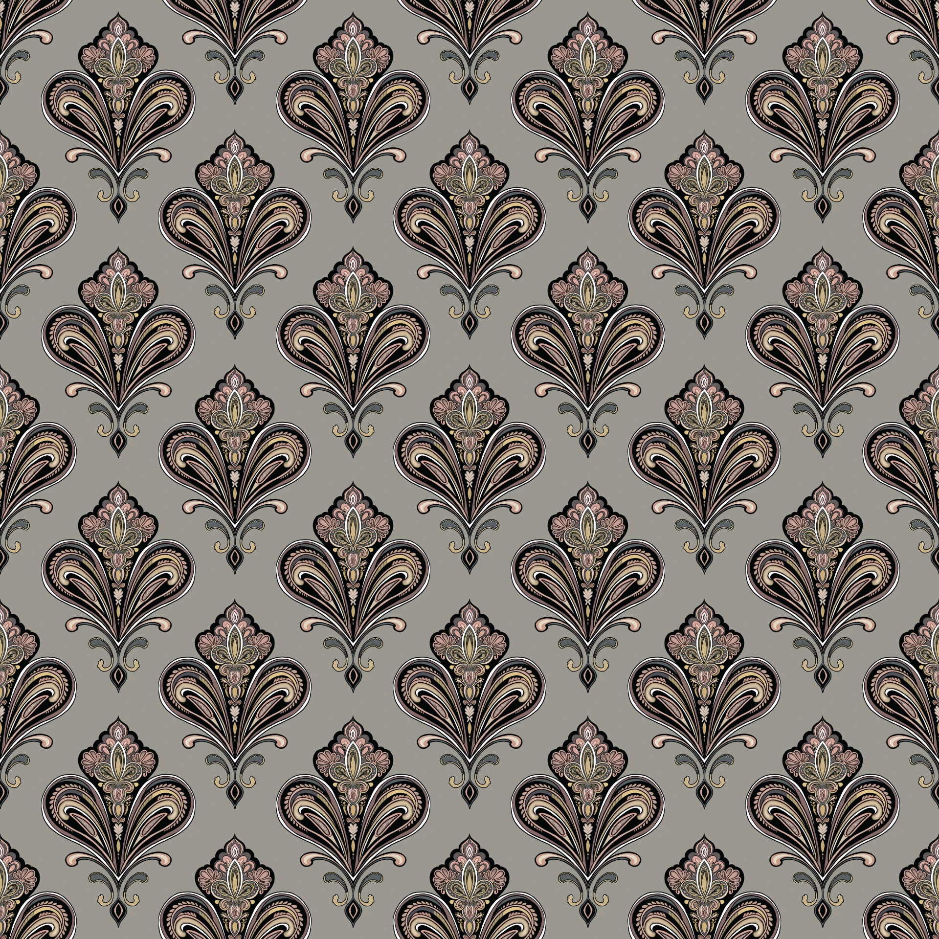 Ornate damask repeat in blush, black, and gold on a warm grey ground