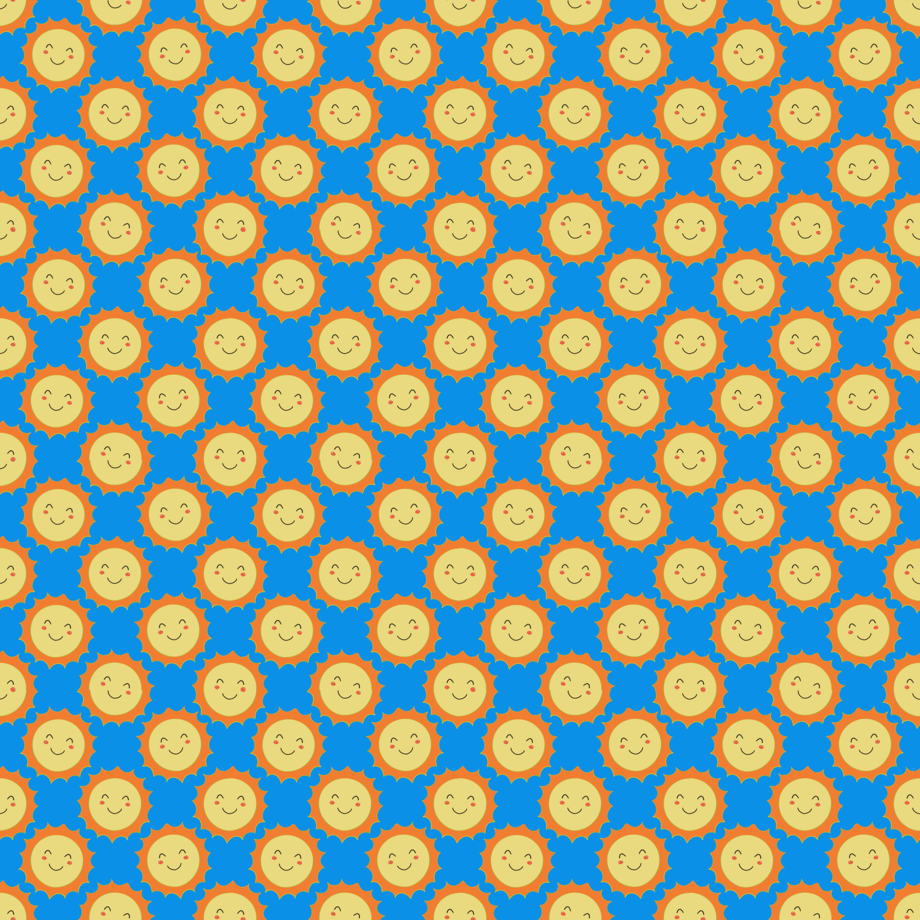 Smiling sun and cloud repeat in yellow, coral, and bright blue