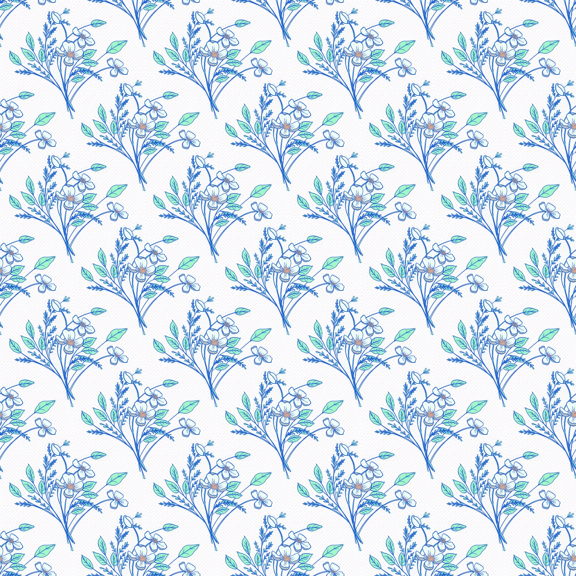 Fan-arranged line-drawn bouquet repeat in cobalt blue and mint on white