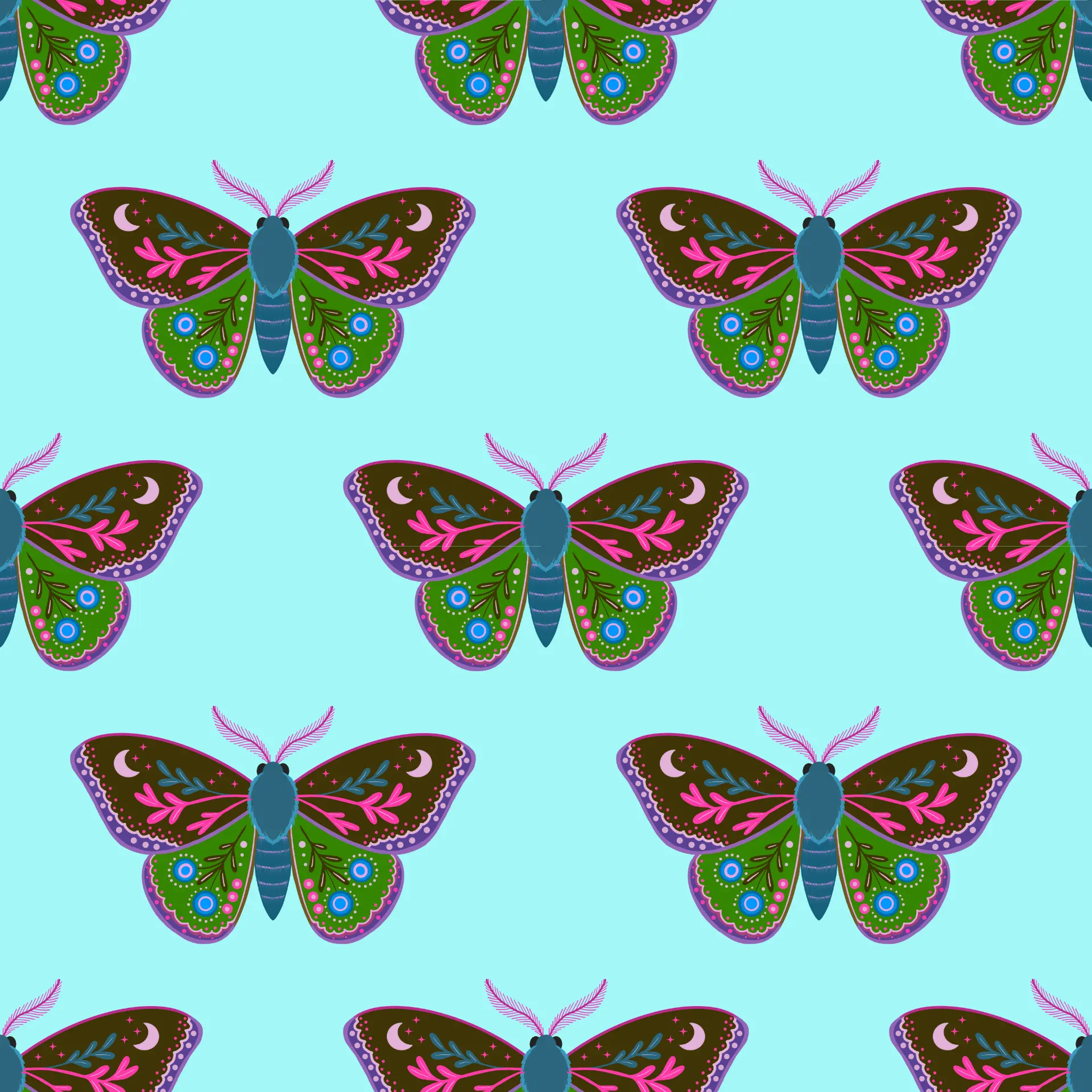 Folk-art moth grid repeat in green, pink, and purple on pale aqua