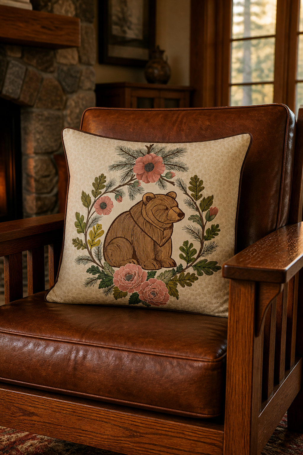 Bear wreath motif printed on a cushion resting on a leather Craftsman chair by a stone fireplace