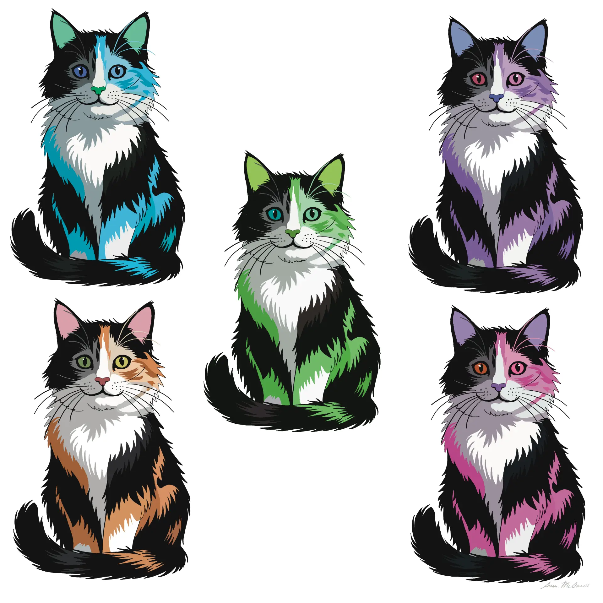 Five long-haired cat illustrations in blue, green, purple, pink, and calico colourways