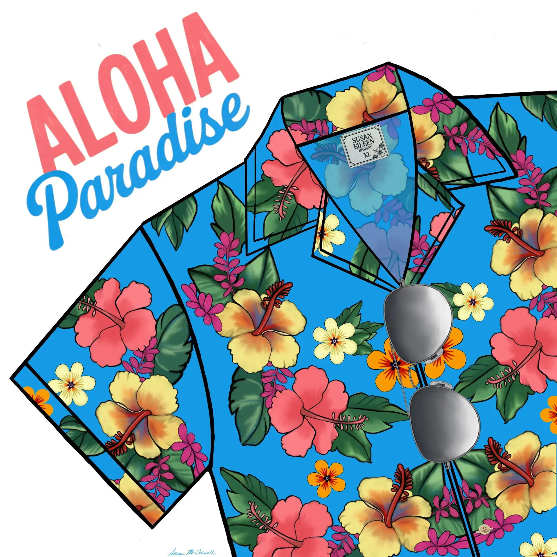 Aloha Paradise hero print: camp shirt illustration with hibiscus and plumeria on bright blue