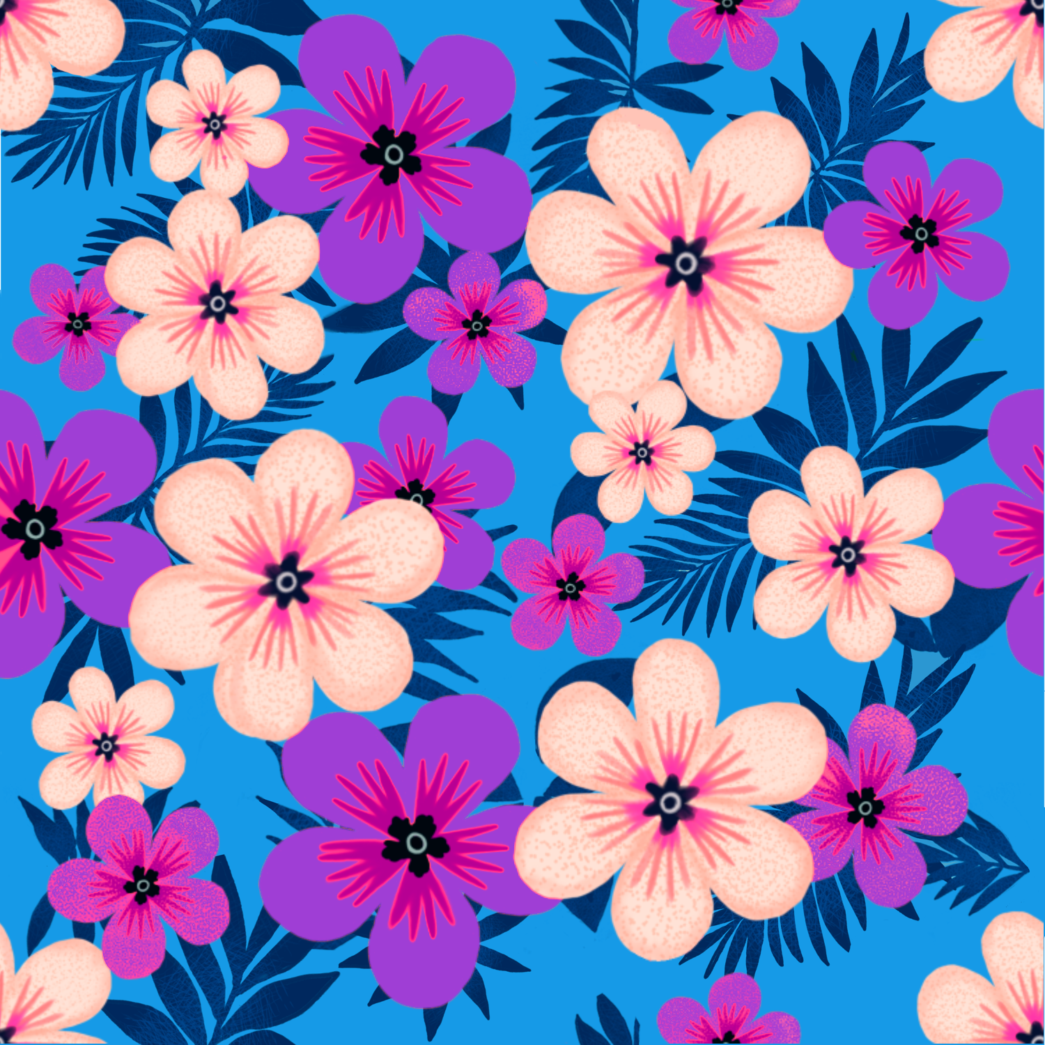 Tropical floral repeat in purple, magenta, and peach on bright blue