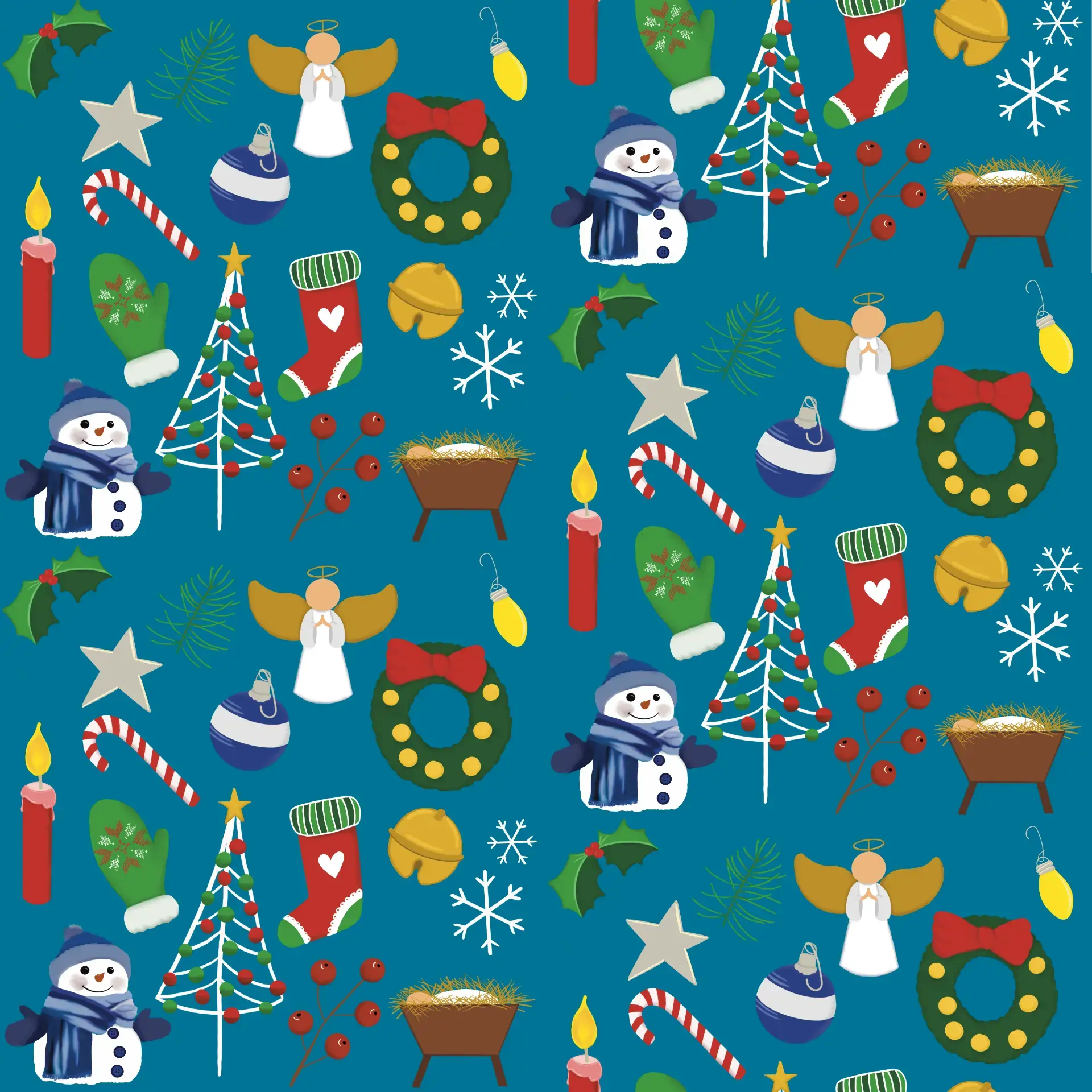 Festive Christmas icon repeat with angels, snowmen, wreaths, candy canes, stockings, trees, and holly on a teal ground