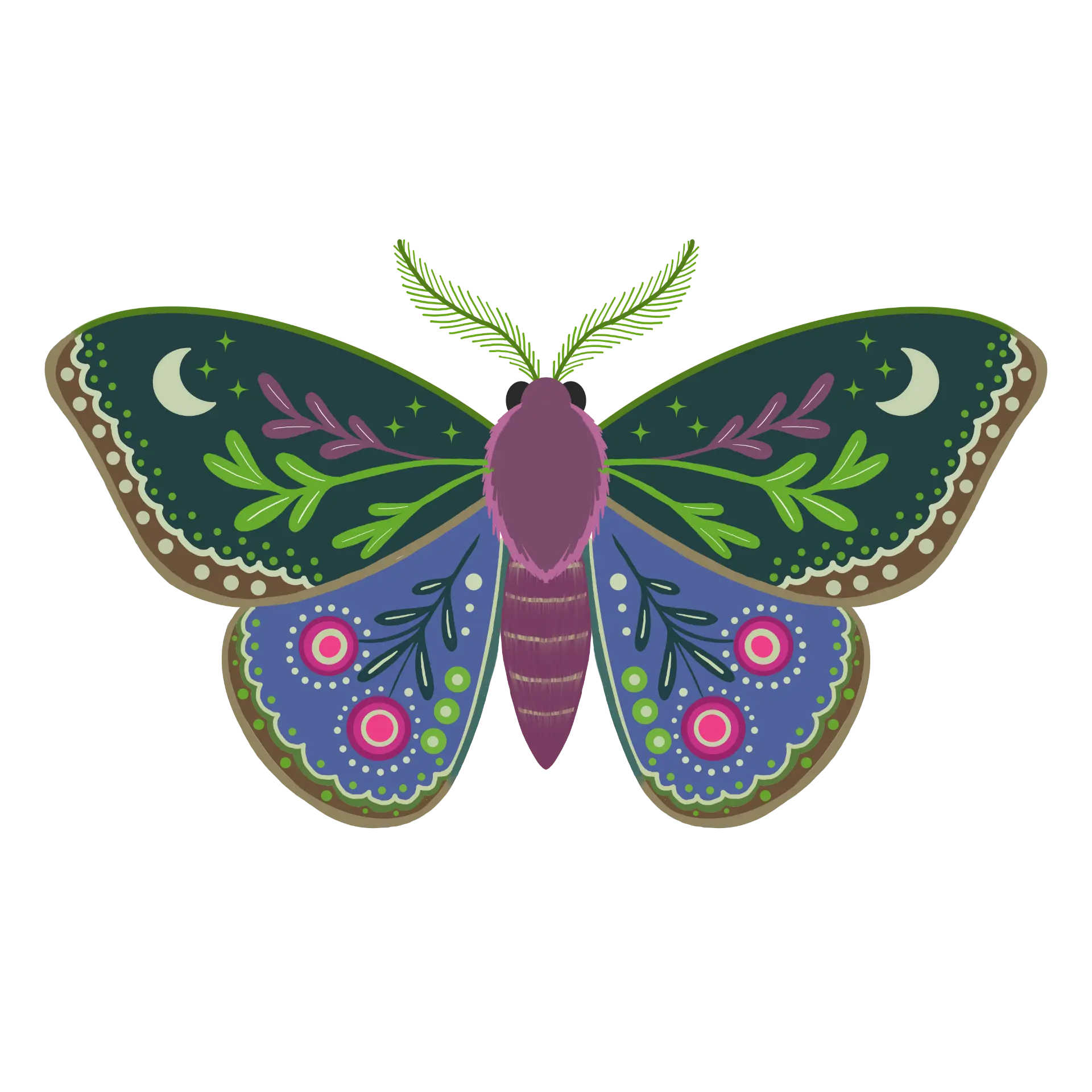 Folk-art moth motif with teal wings, crescent moons, and pink foliage