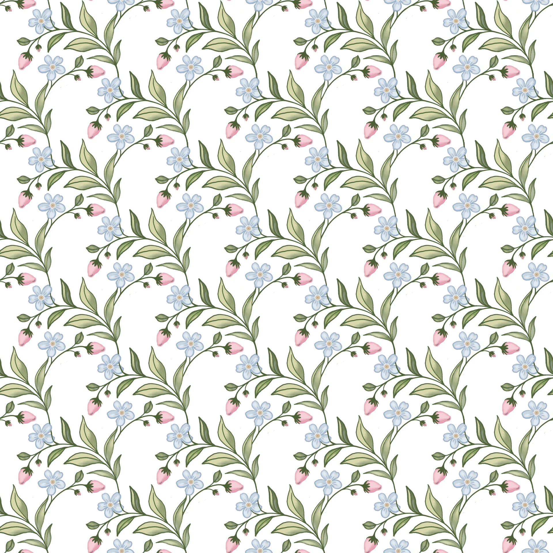 Fan-arranged floral vine repeat with blue blossoms, pink buds, and green leaves on white