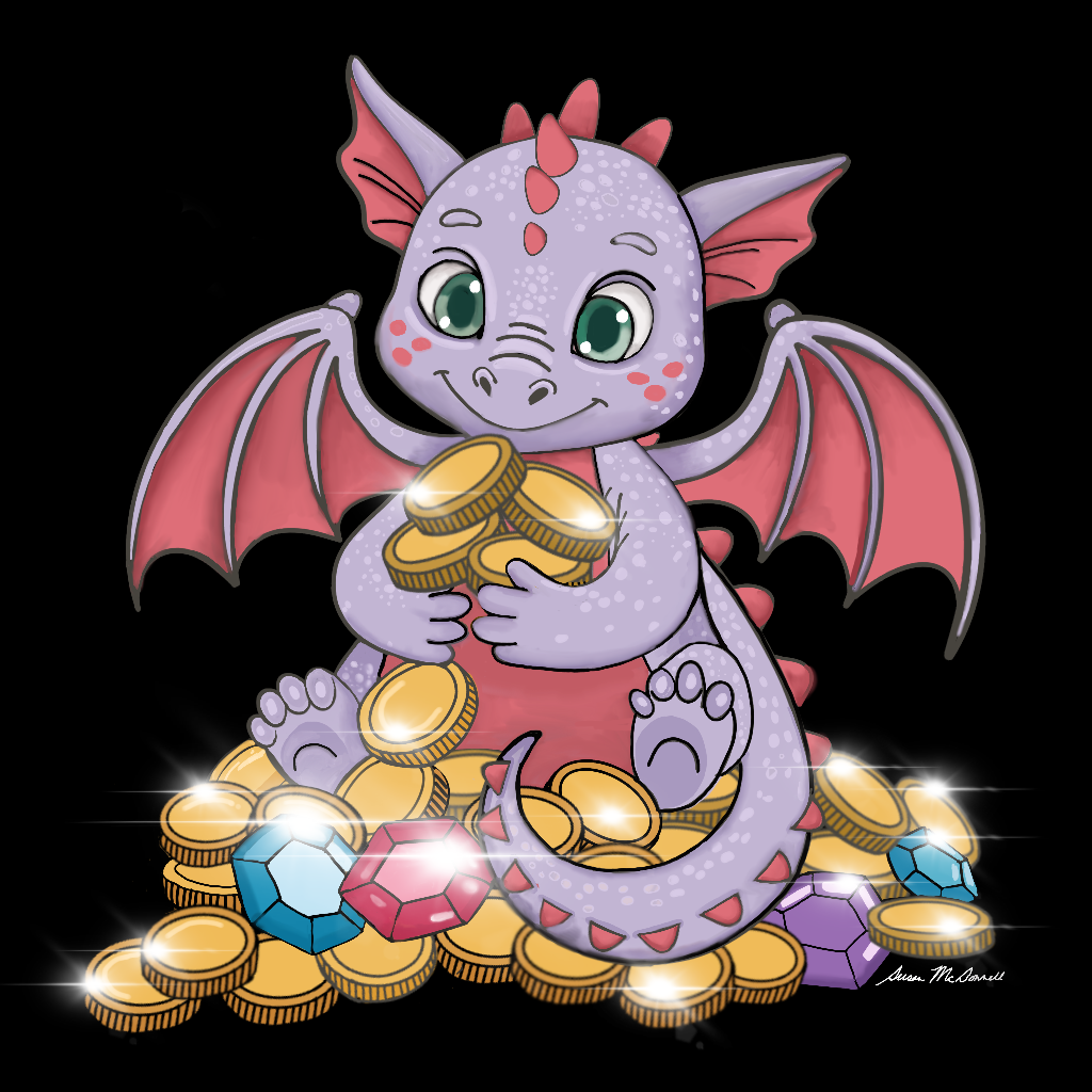 Cute purple dragon sitting on a pile of gold coins