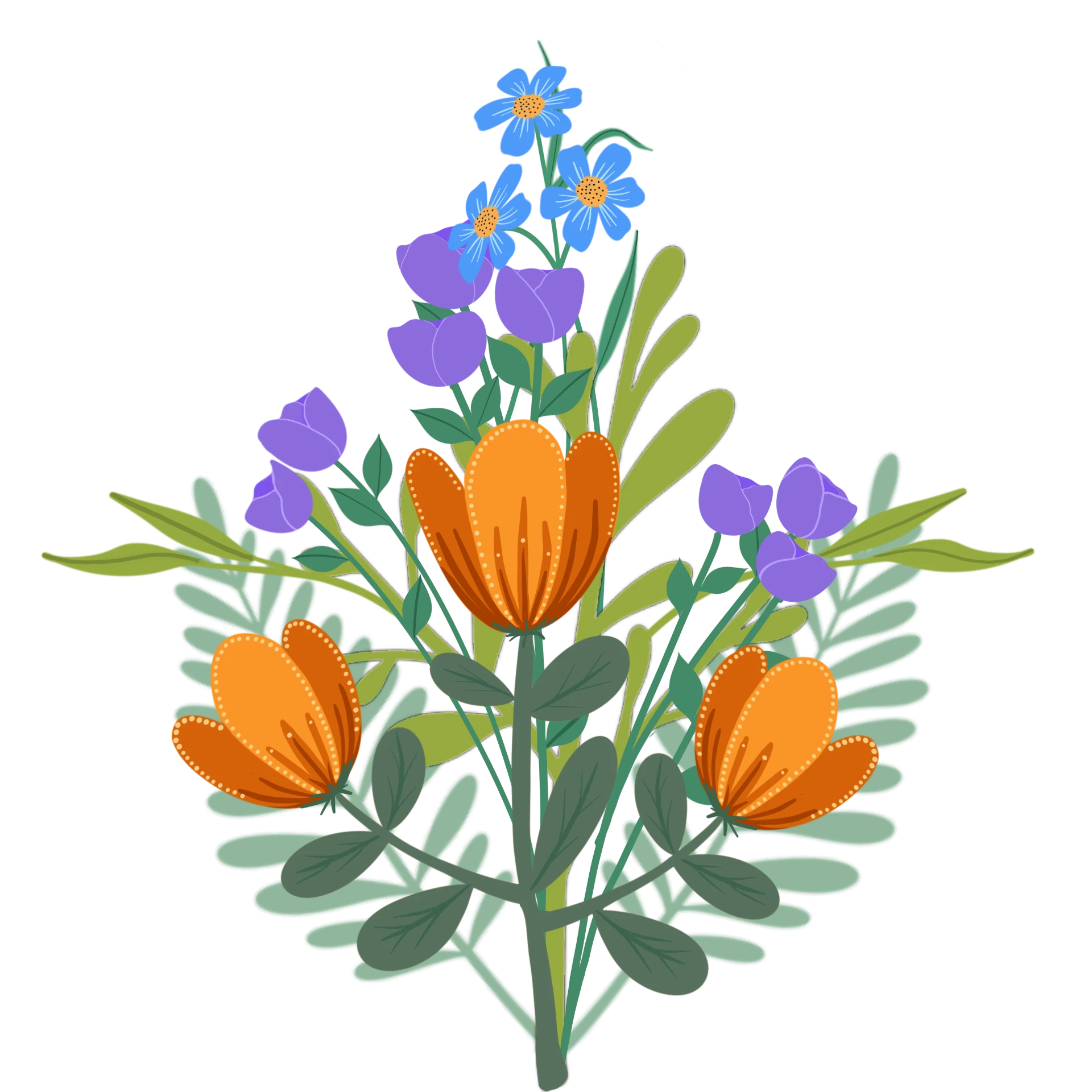 Single tulip bouquet motif in orange and purple