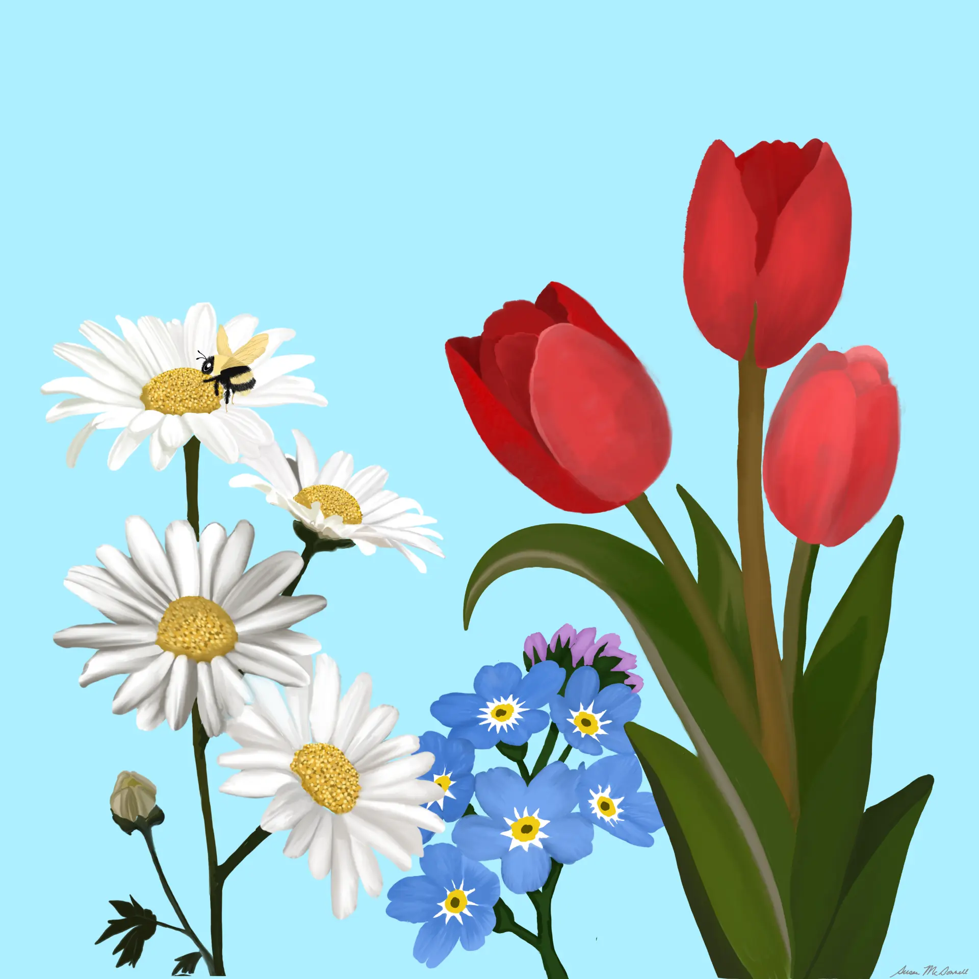 Spring floral painting with daisies, red tulips, and forget-me-nots on a pale blue ground