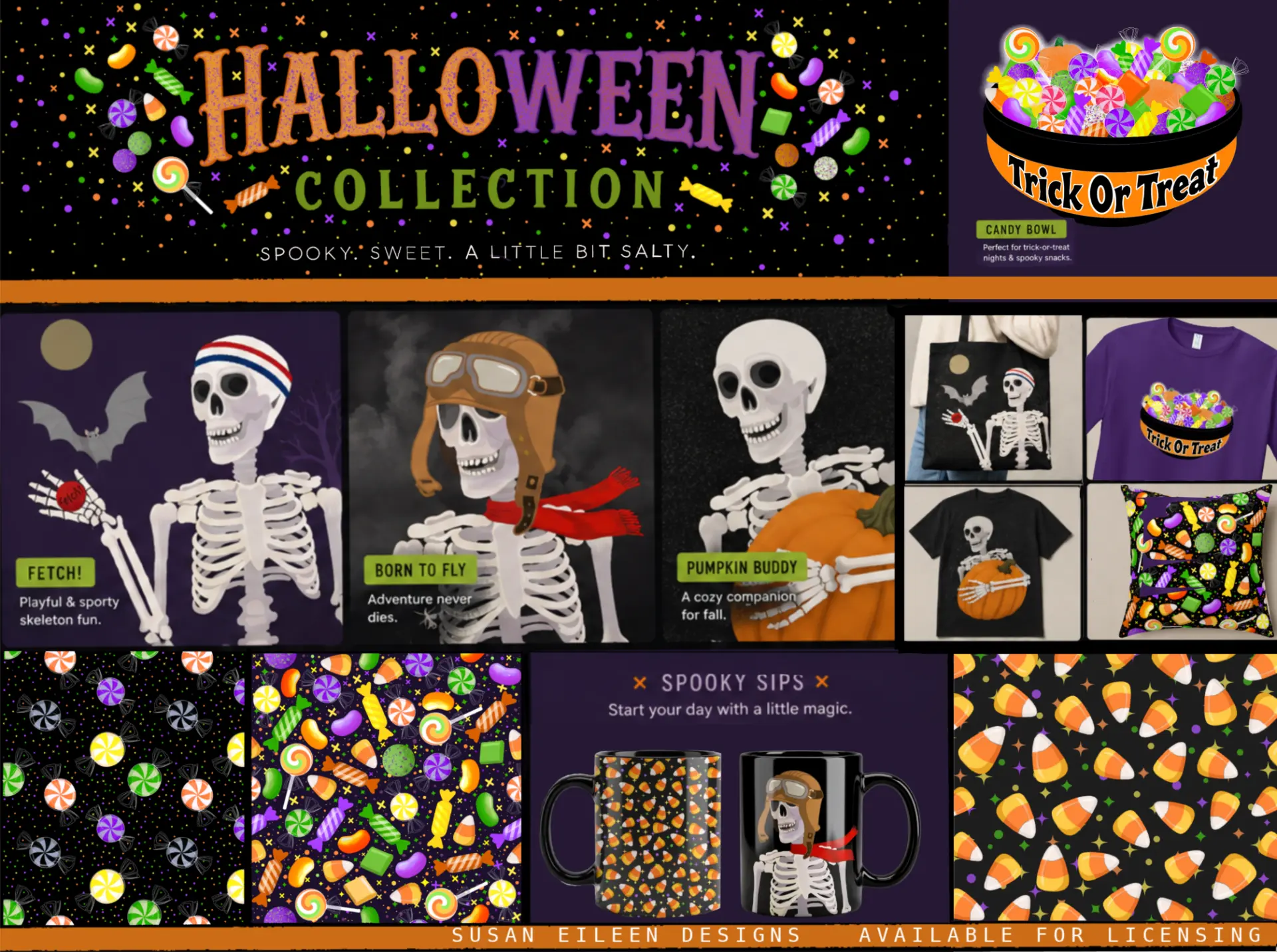 Halloween Collection flat lay showing candy patterns, skeleton artwork, product mockups, and candy corn repeats