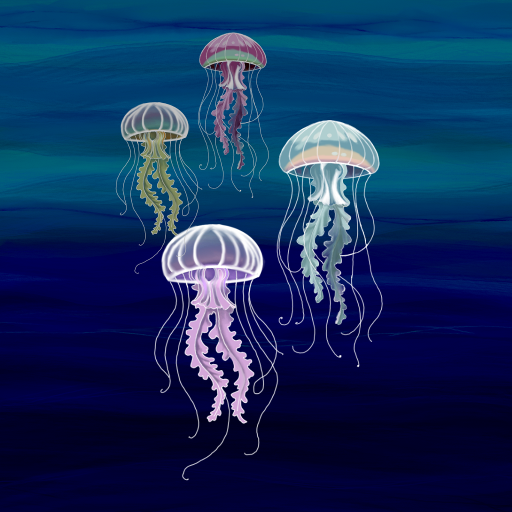 Seamless repeat of luminous jellyfish drifting in a deep blue-green ocean