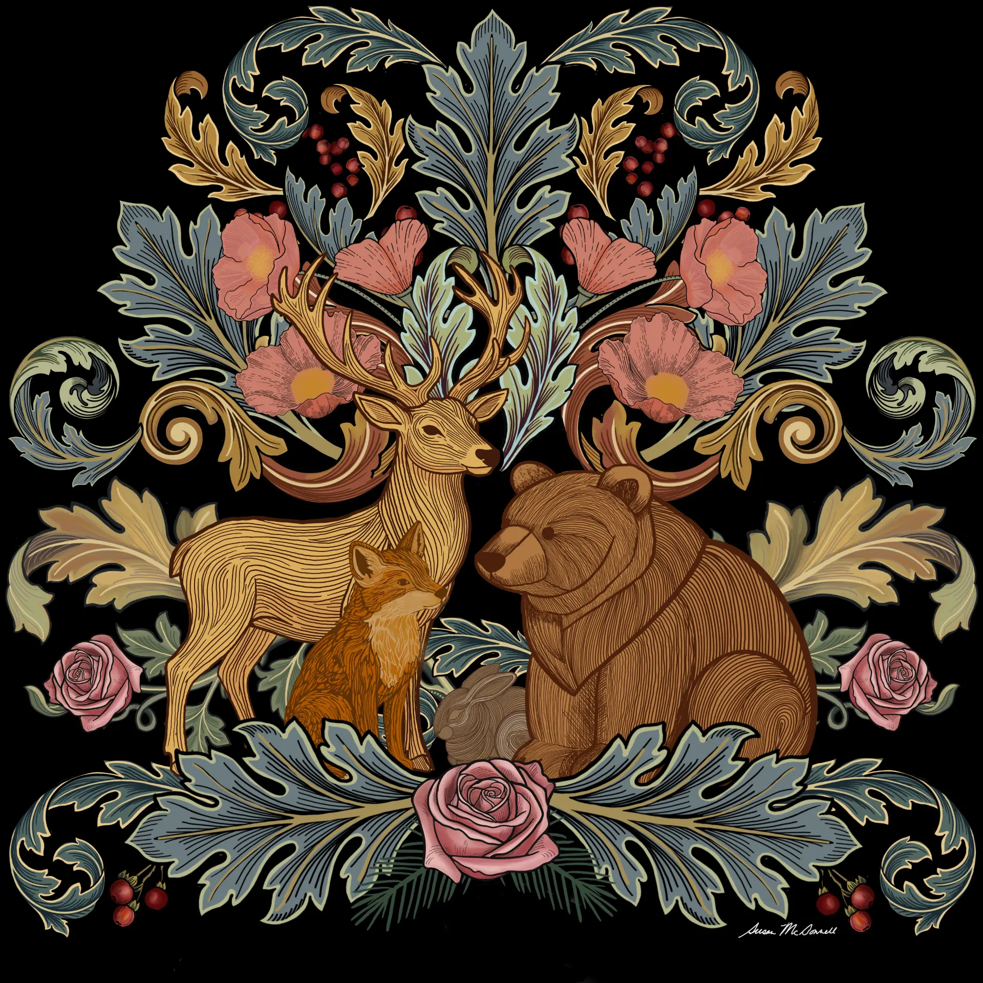 Pine Hollow Lodge centrepiece with stag, bear, fox, and rabbit among acanthus leaves, poppies, and roses on black