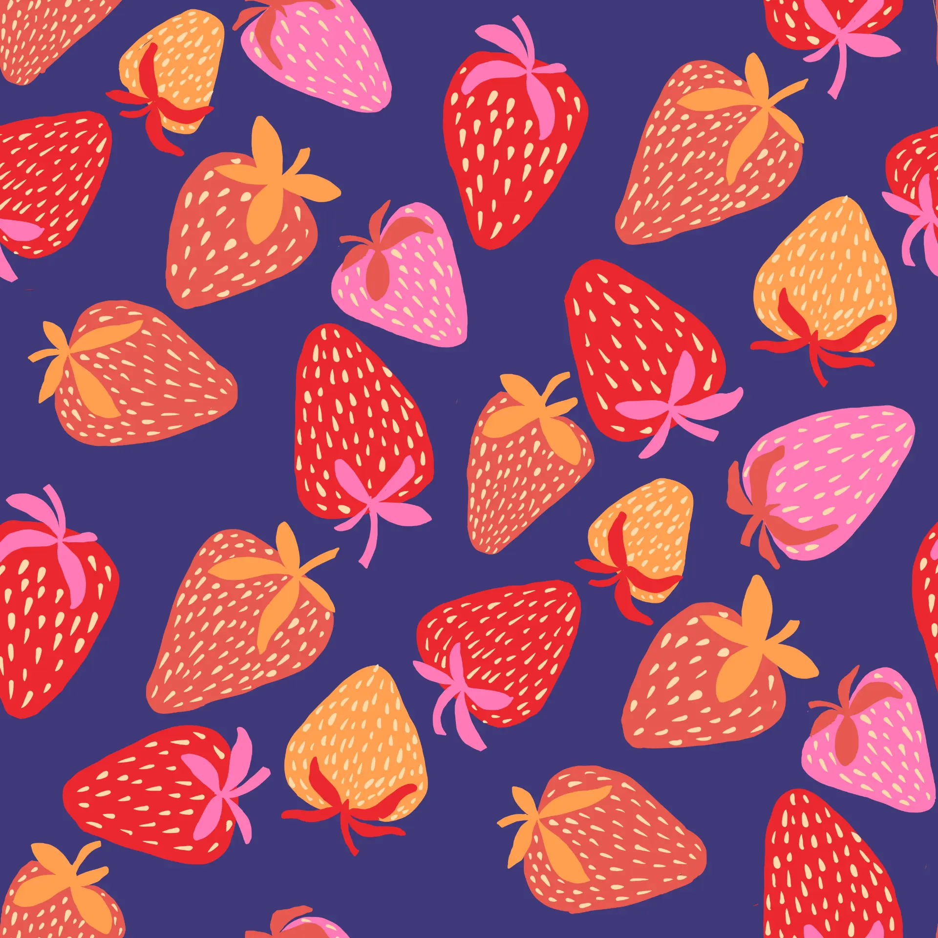 Strawberry toss repeat in reds and pinks on indigo