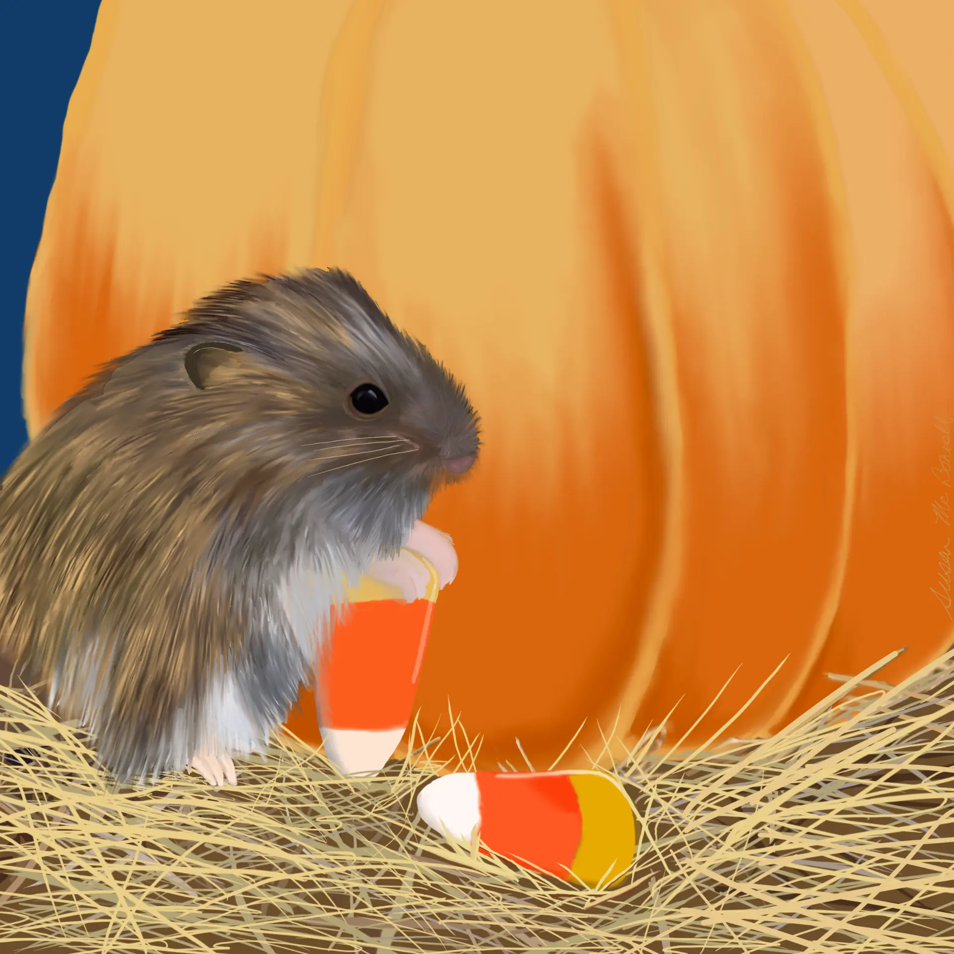 Hamster holding candy corn in front of a pumpkin on straw