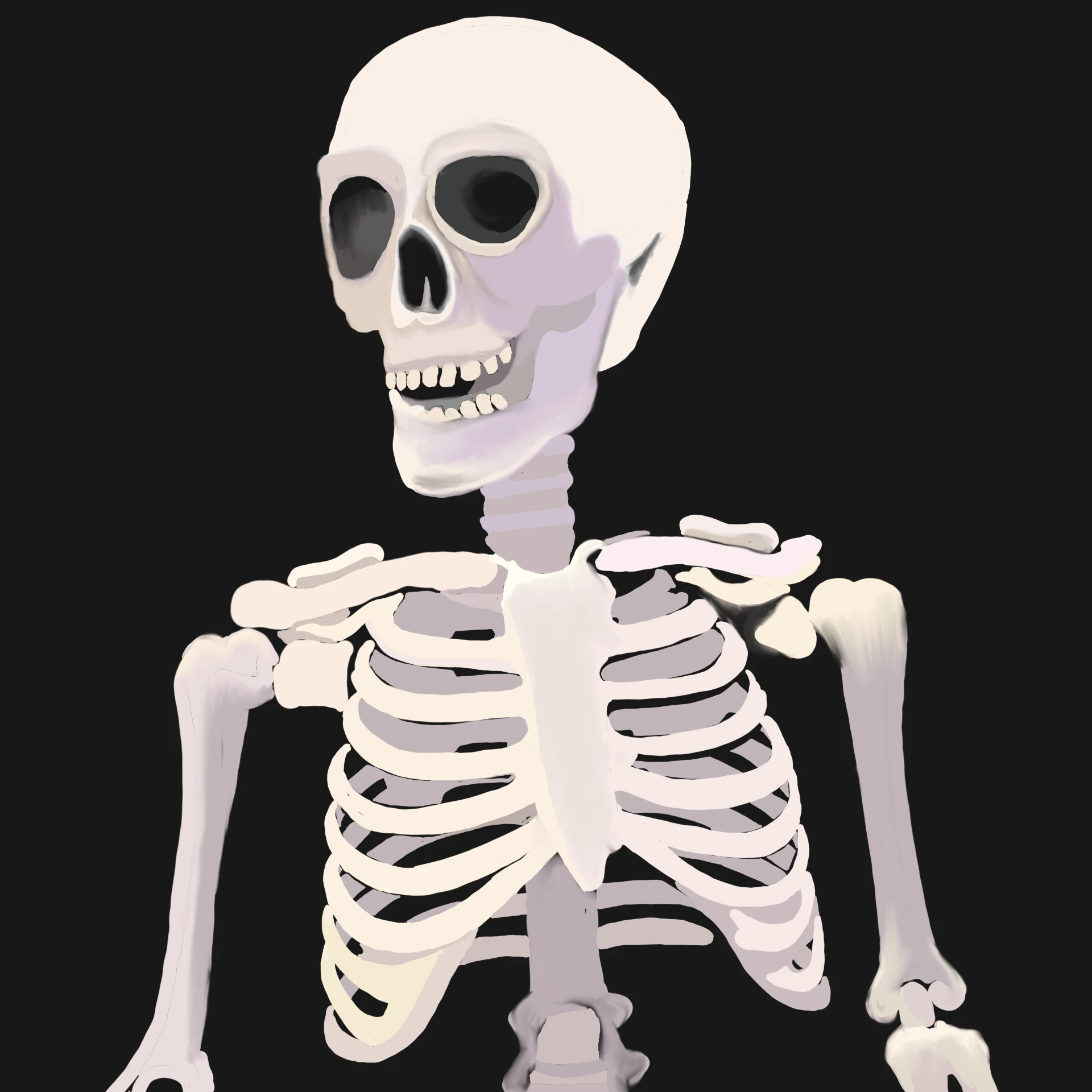 Smiling skeleton portrait on a black ground